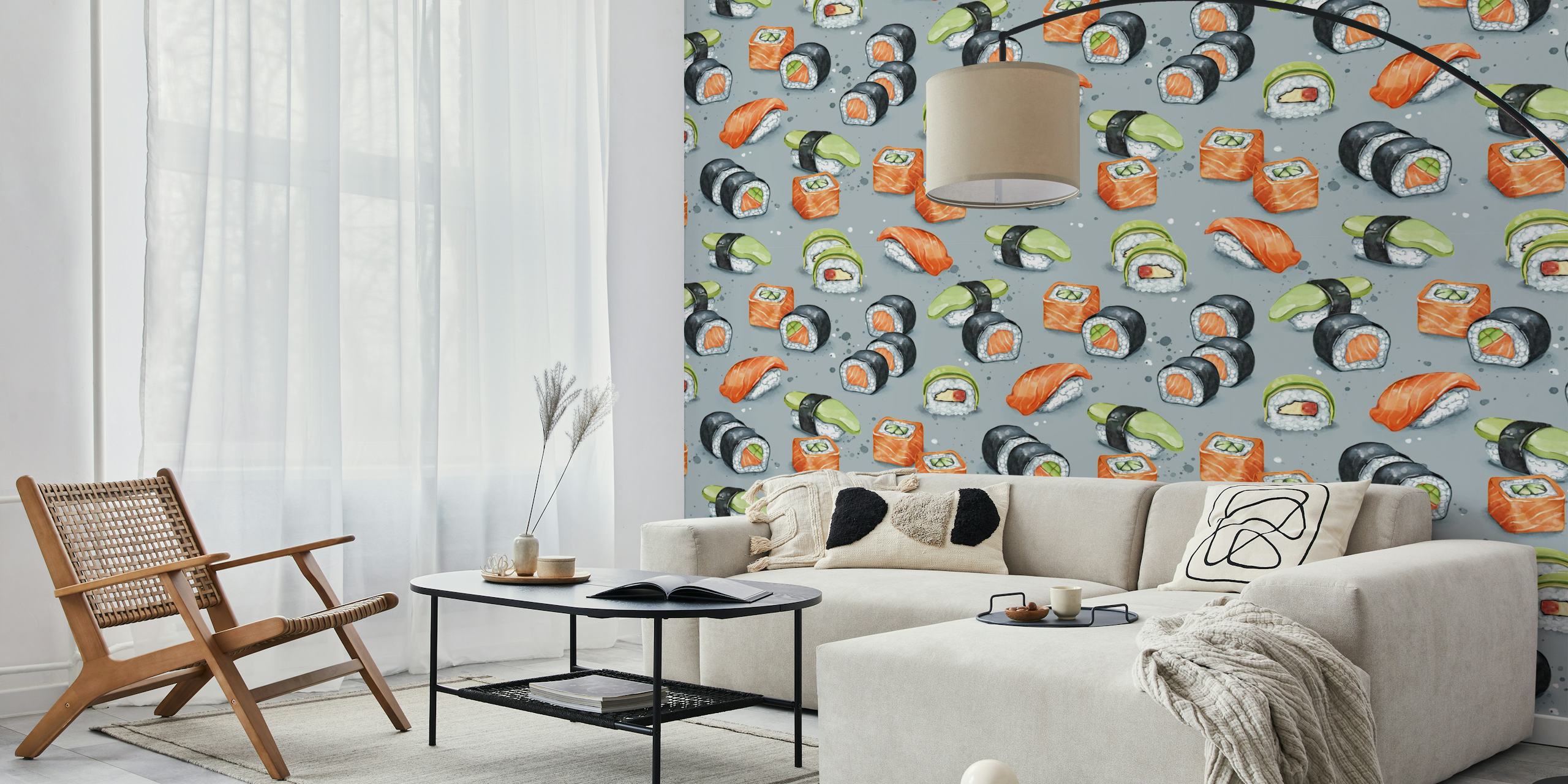 Sushi motifs on gray background wallpaper