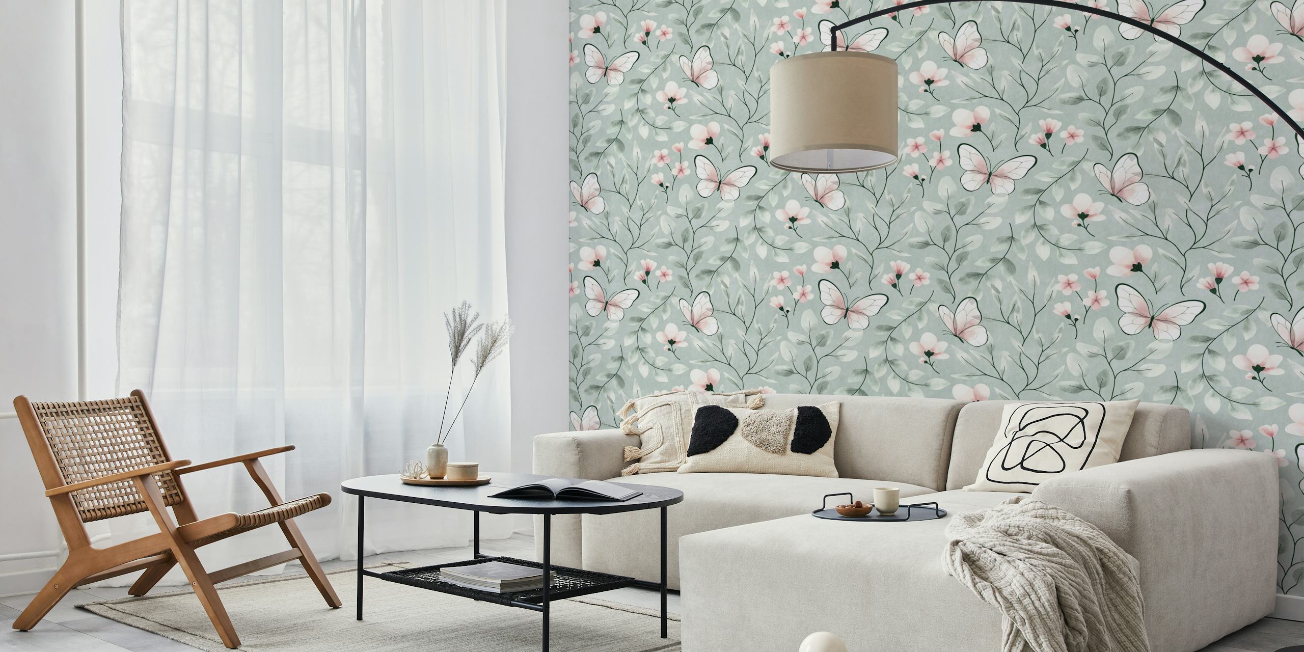 Dizajn tapeta Delicate Butterfly Botanical na plavoj kadulji