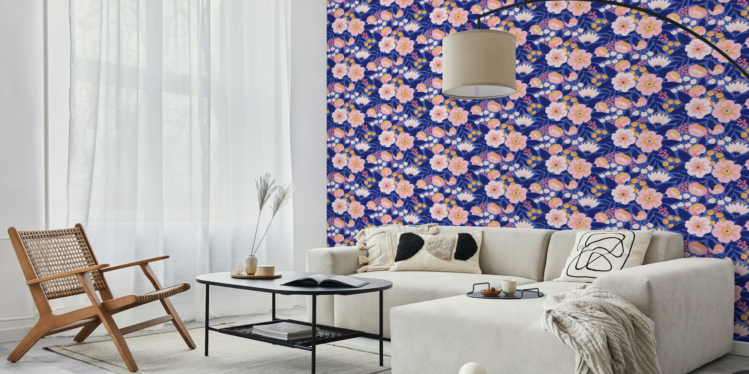 Navy floral wallpaper with pink, white, and yellow flowers