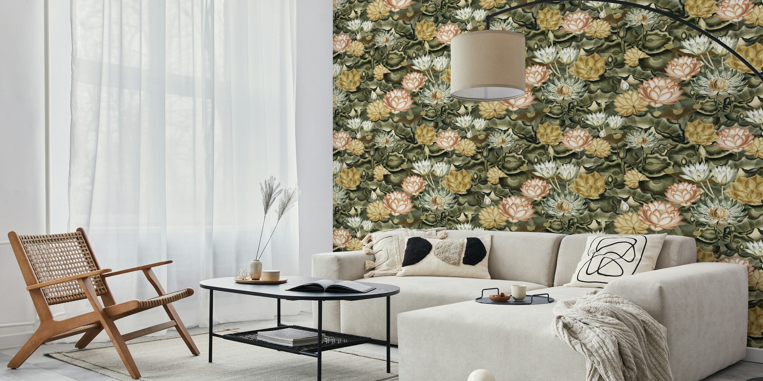 Lotus flowers in pink, cream, and gold on a dark green background wallpaper