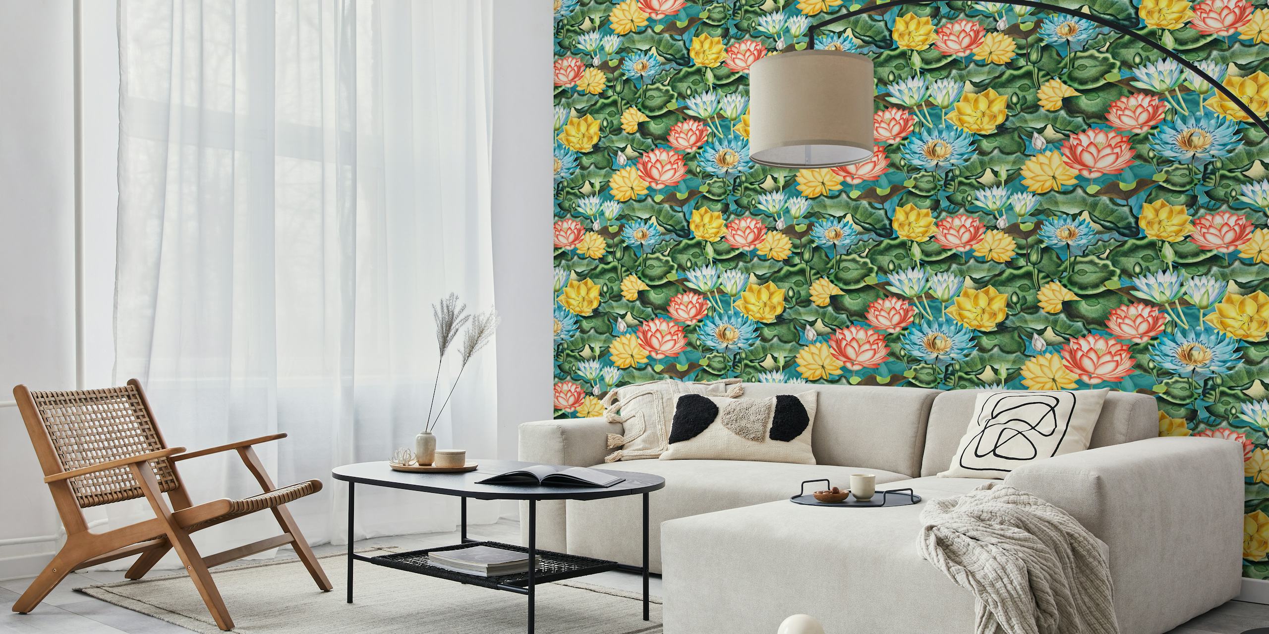 Vibrant lotus flowers wallpaper in a room