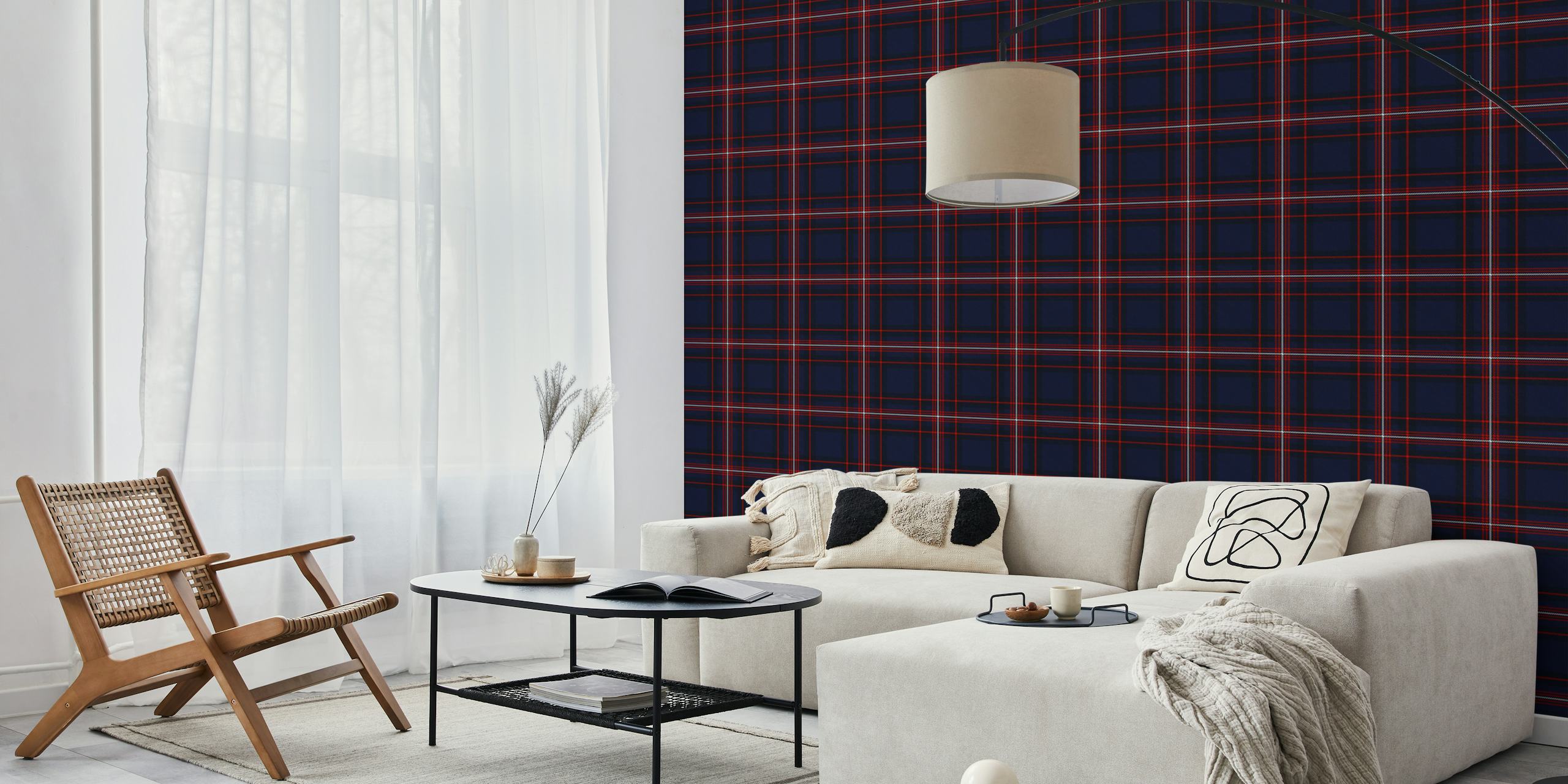 Navy and white tartan pattern with red accents wallpaper