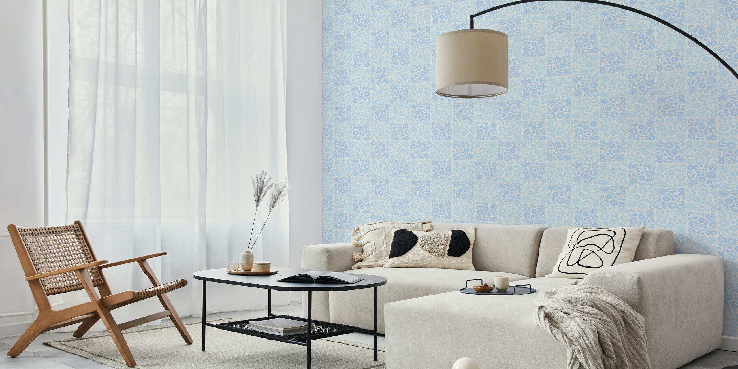 Blue floral pattern wallpaper with soft blue and white tones