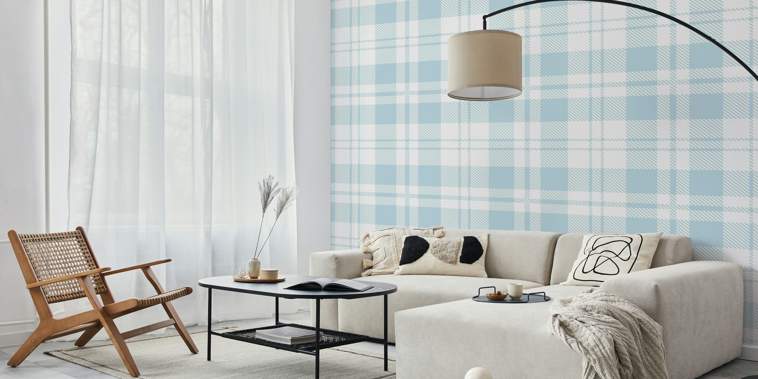 Pale Blue Erskine tartan ταπετσαρία σε ένα δωμάτιο