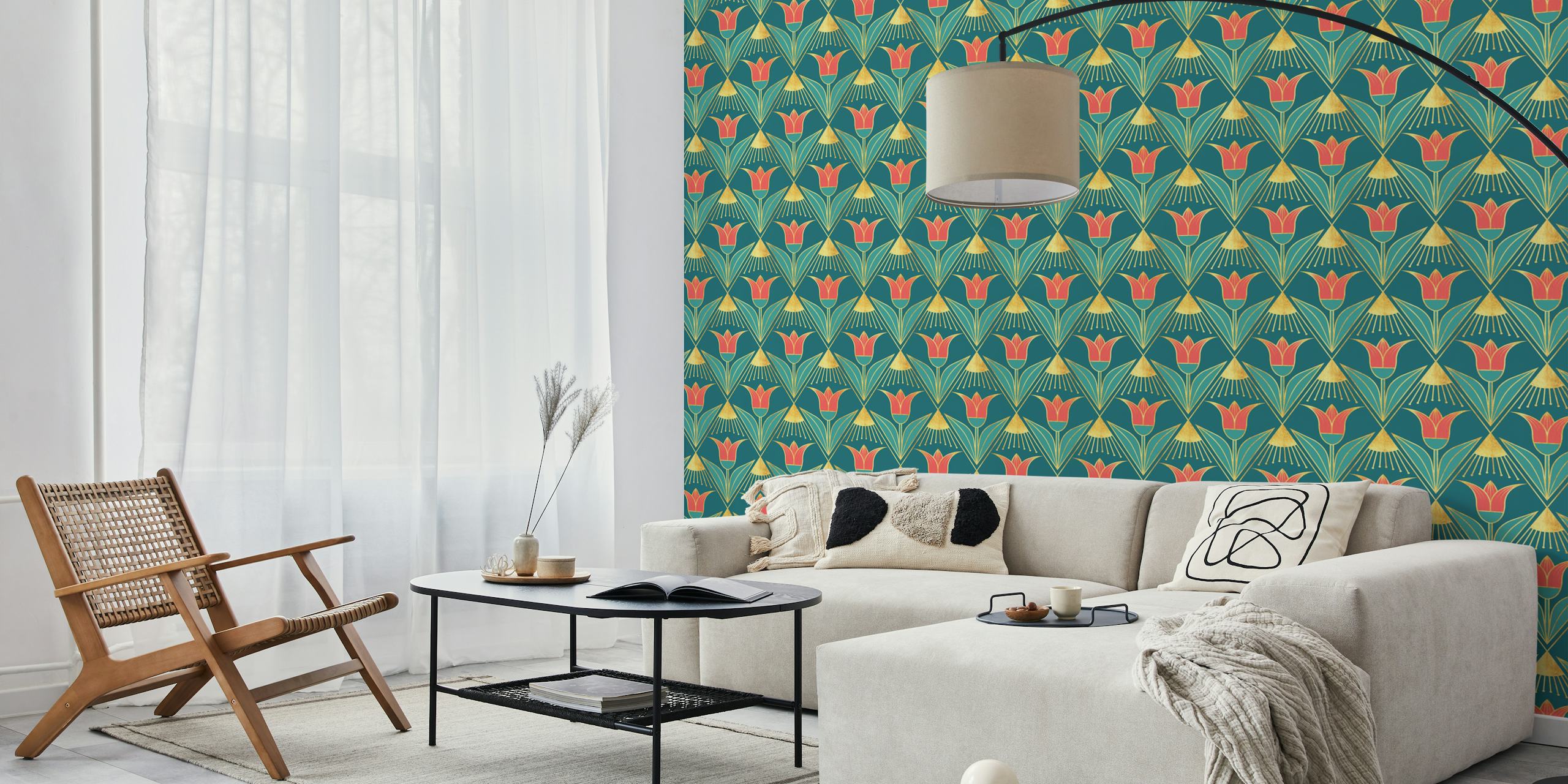 Teal and gold tulip floral design vintage wallpaper