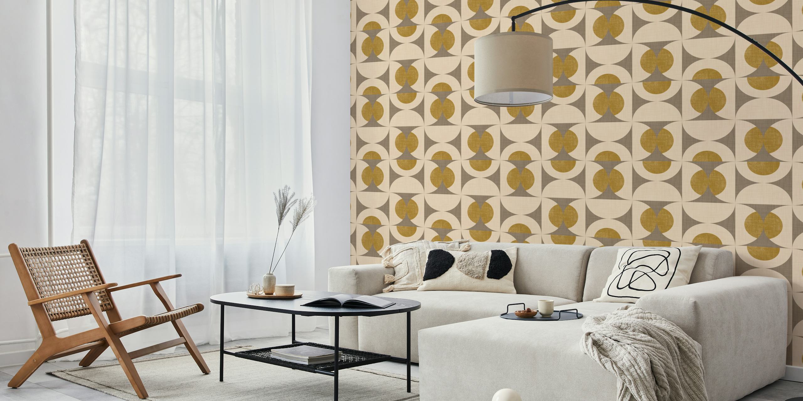 Geometric taupe and gold circle pattern wallpaper