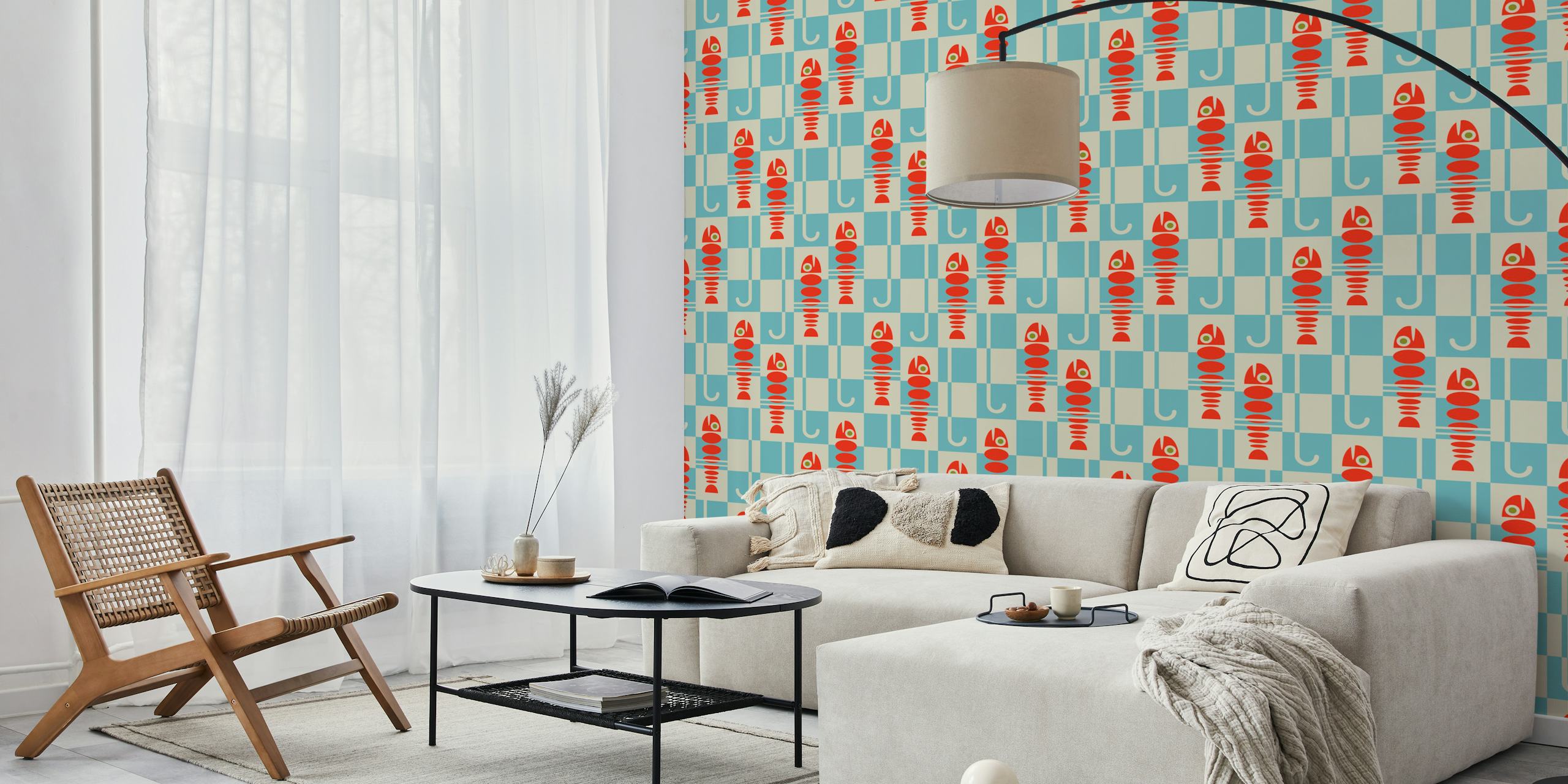 Fish Dinner Mid-Century Retro Checkerboard behang in een kamer