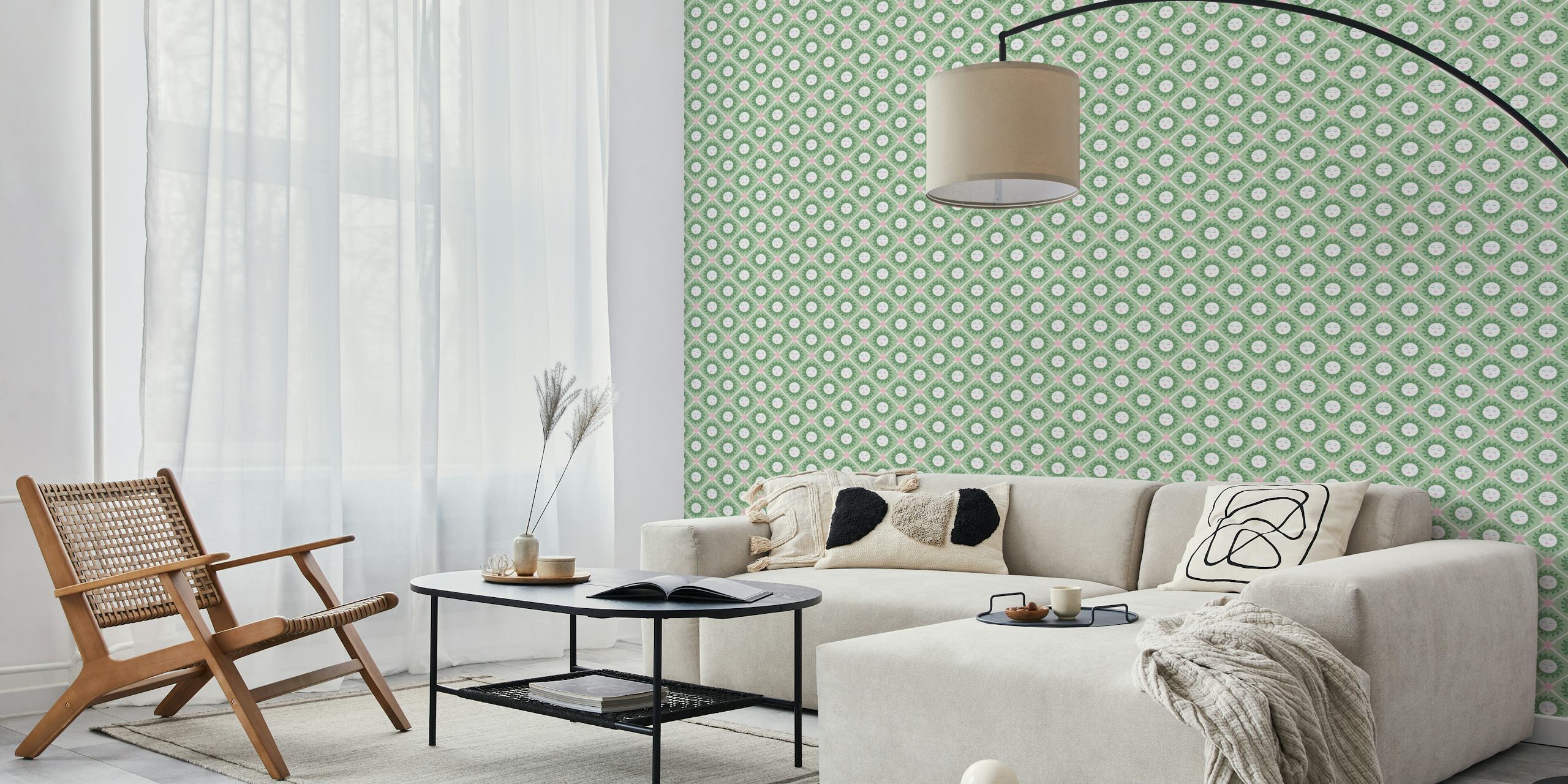 Celestial geometric pink and green wallpaper design