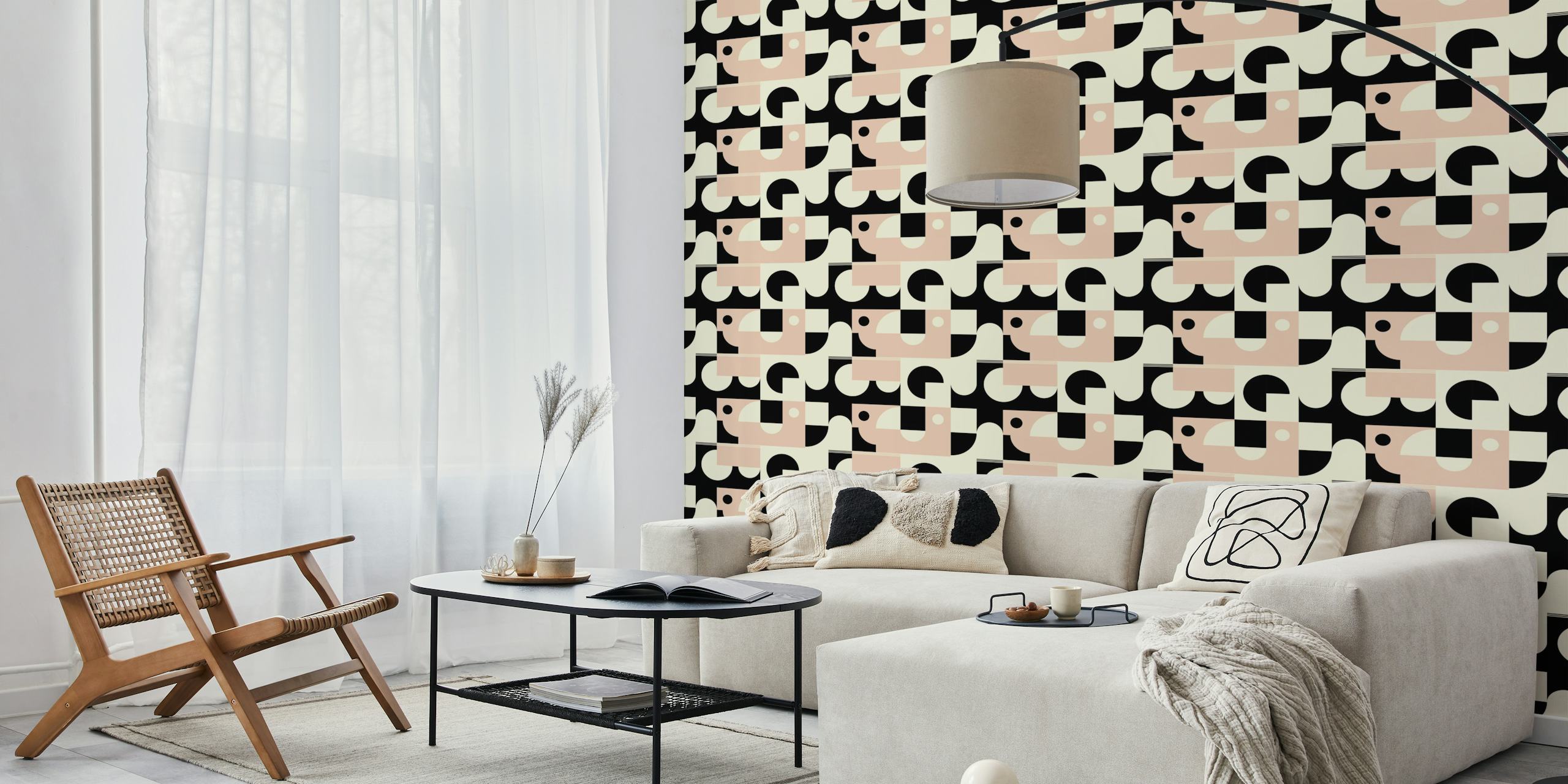 Pink och black geometrisk wallpaper i ett rum