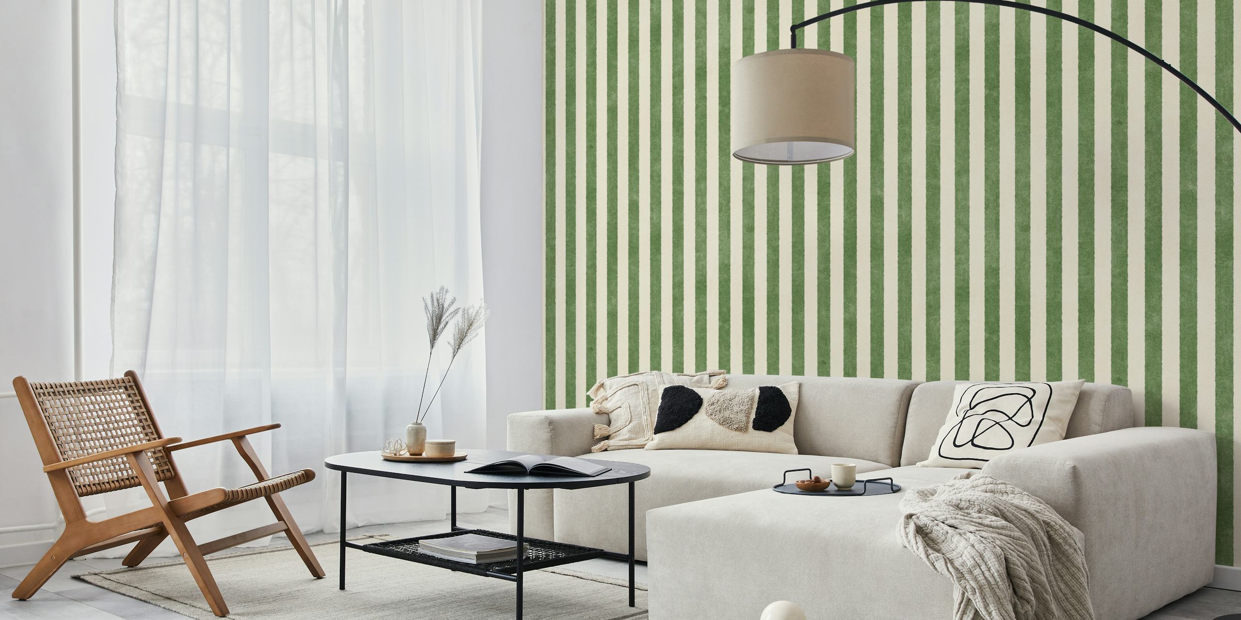 Olive green and cream striped wallpaper design