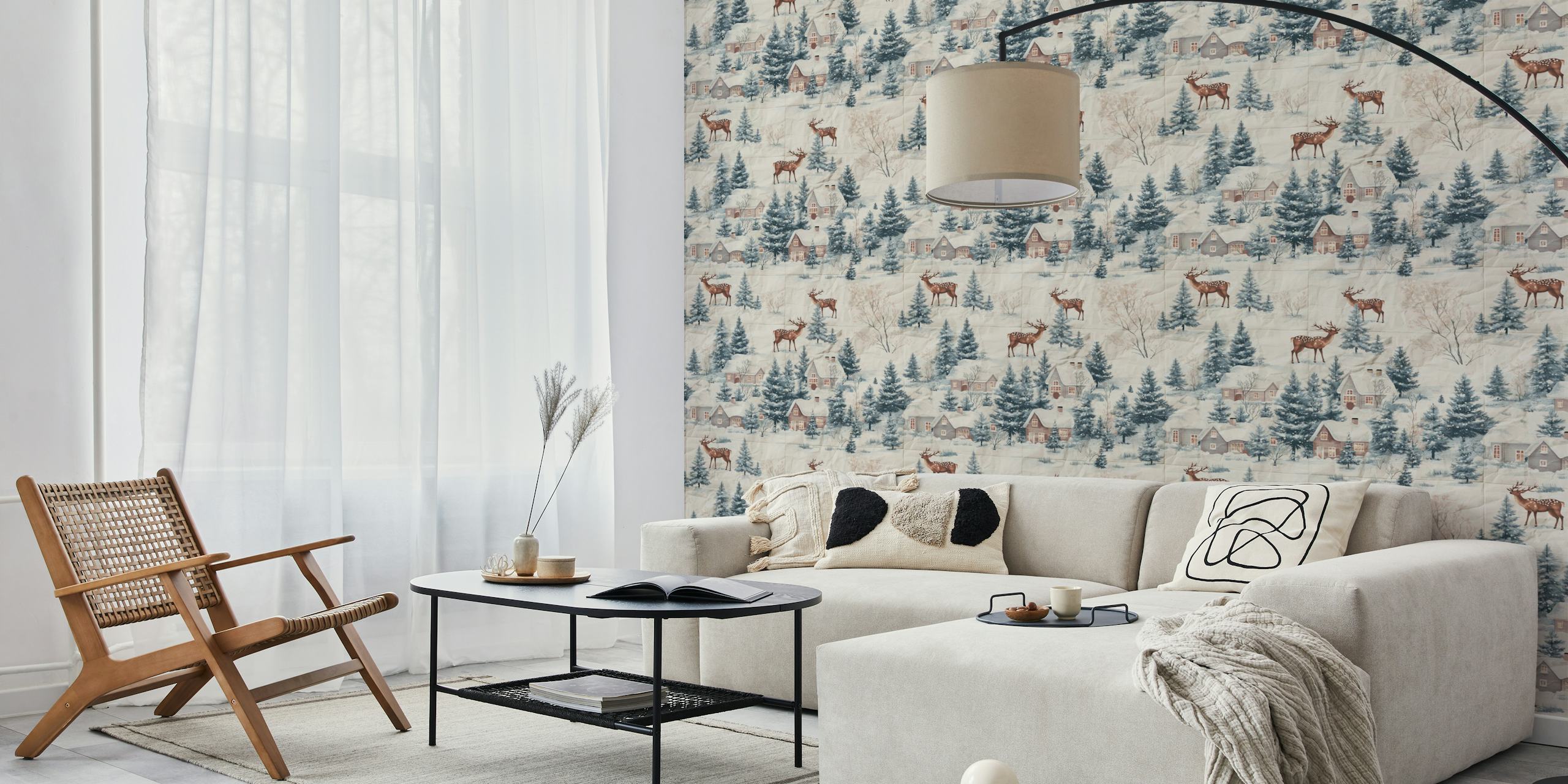 Winterland scene with cabins and deer in blue hues wallpaper