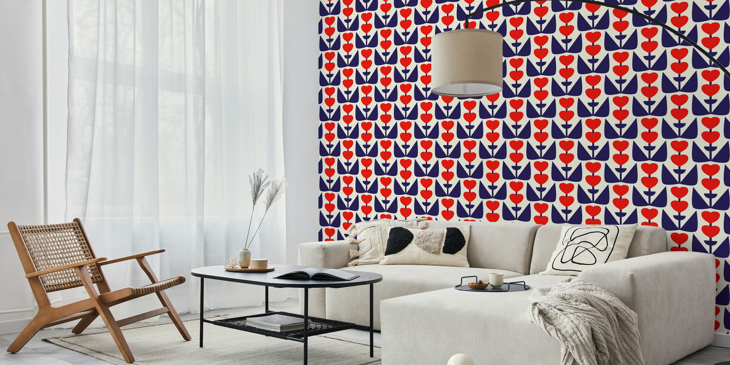 Red heart flowers on navy background retro wallpaper