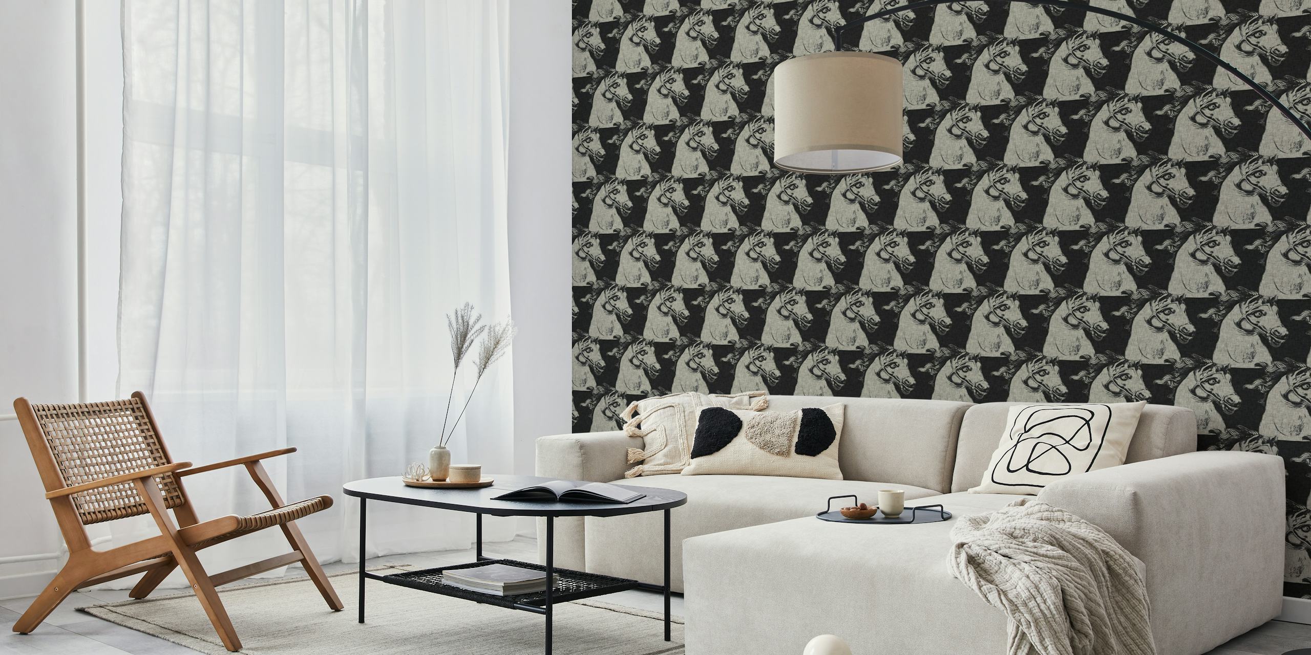 Dramatic horse wallpaper in a room