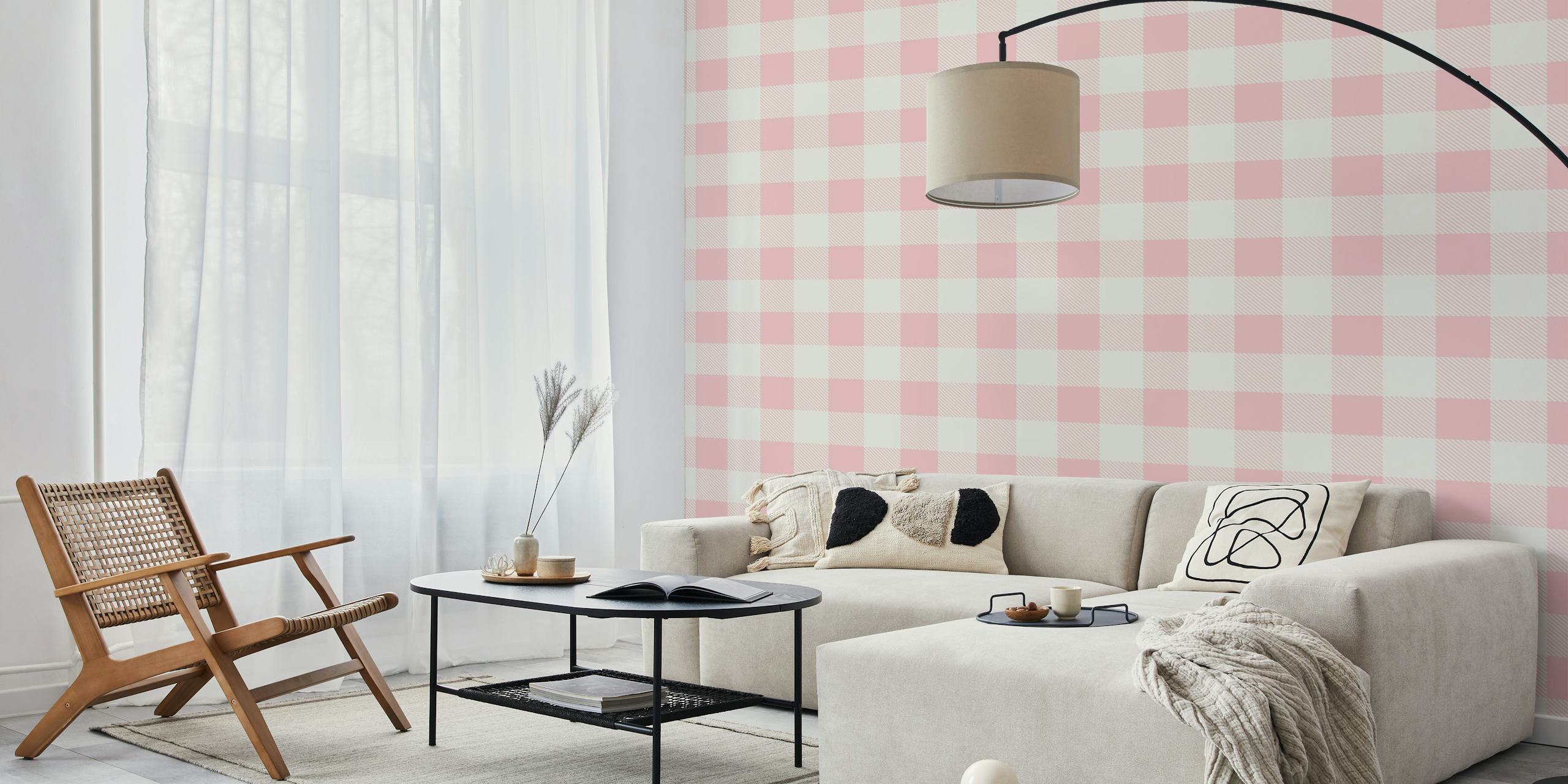 Papier peint Minimalist Gingham Pastel Rose dans une pièce