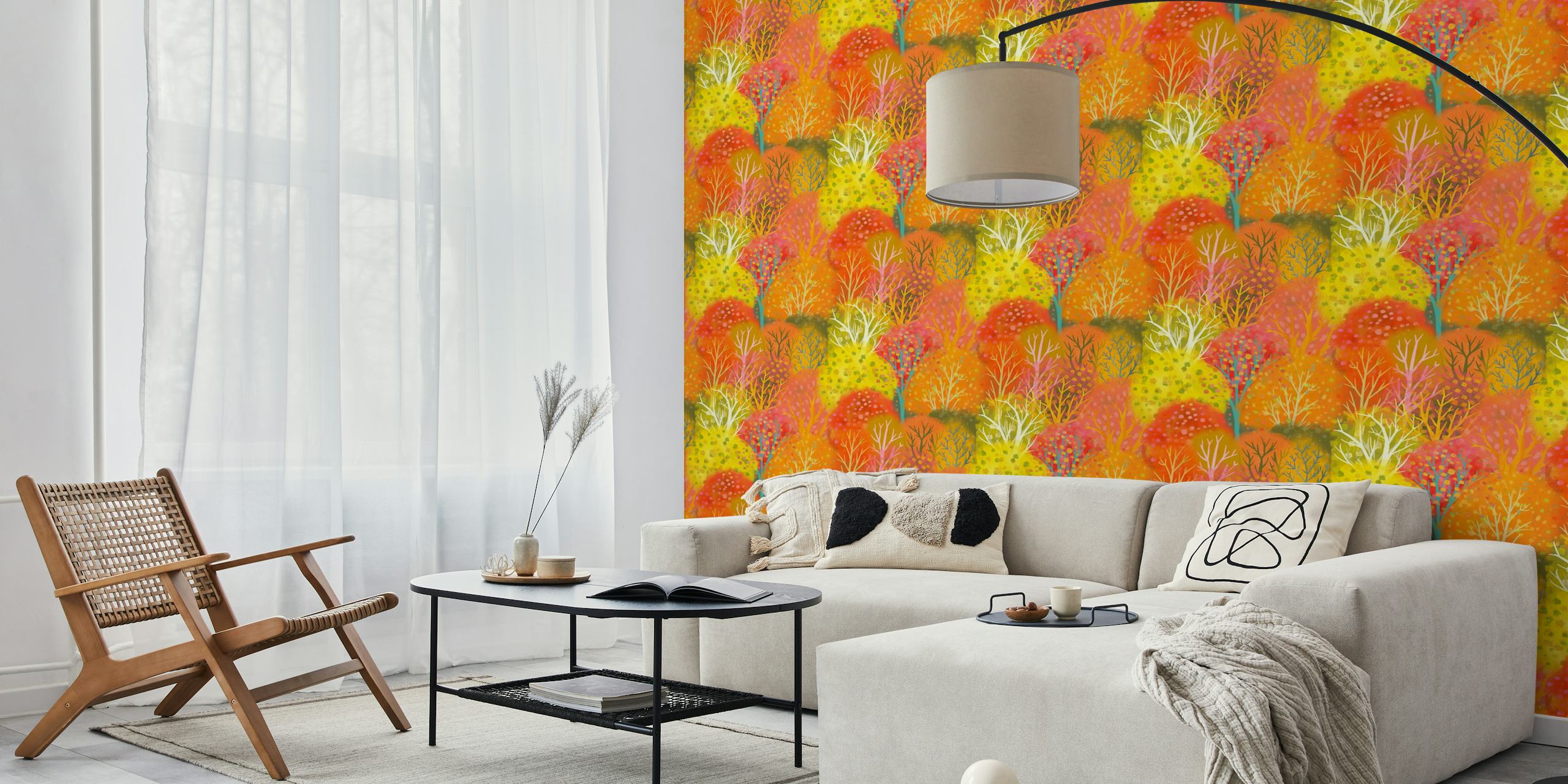 Colorful autumn floral patterns in orange, pink, and yellow wallpaper