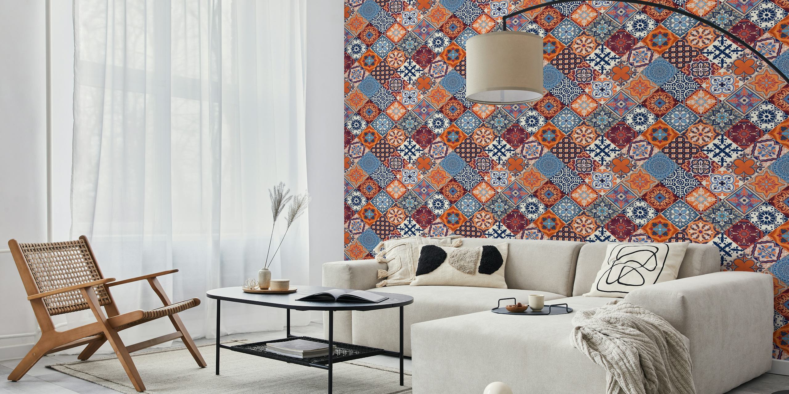 Carta da parati Talavera Tiles in blu e arancione