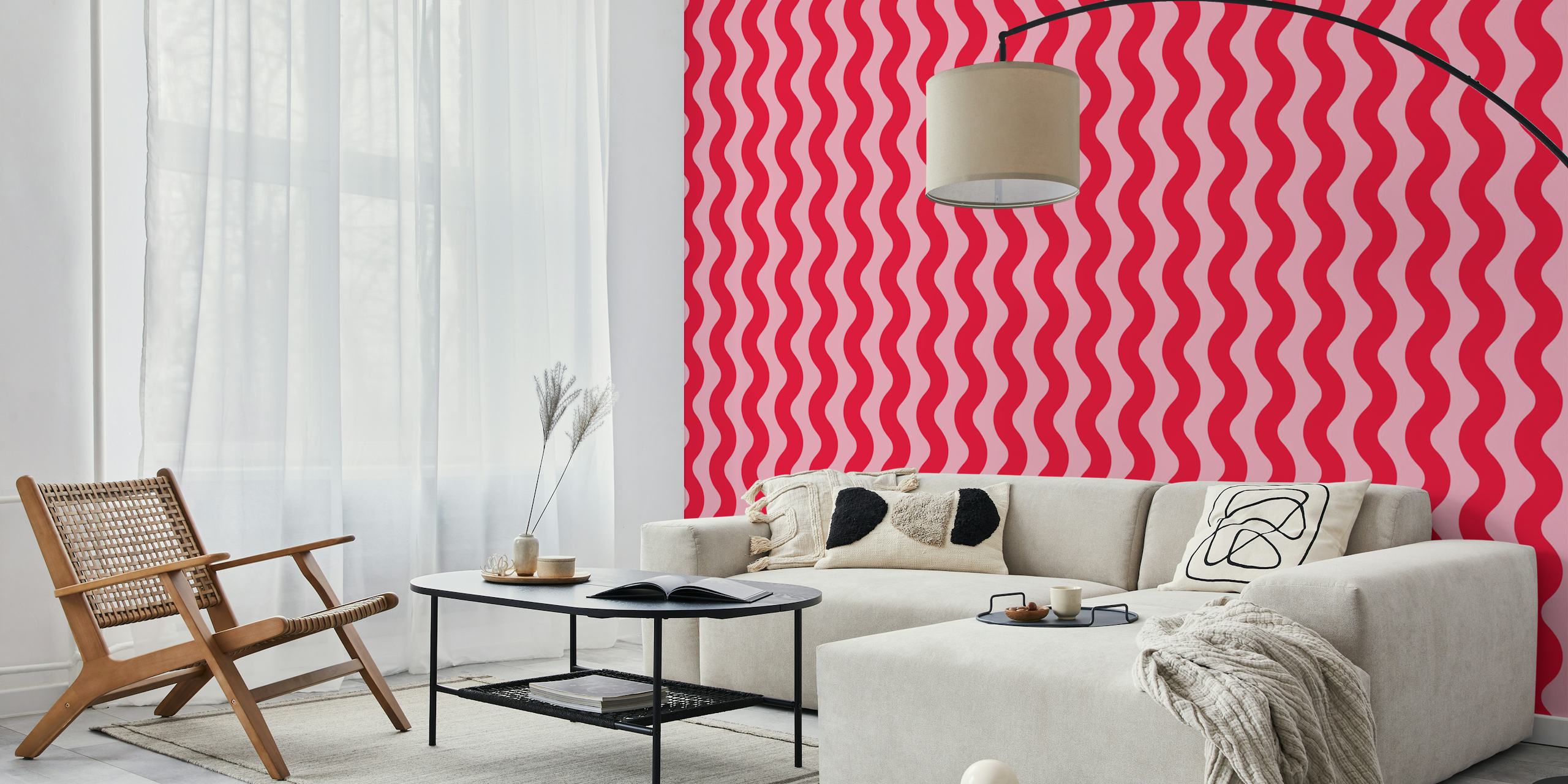 Pink and Crimson Red Modern Waves wallpaper in a room