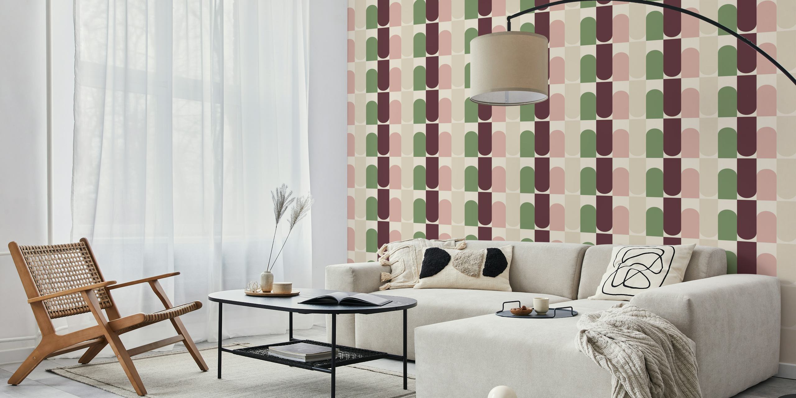 Geometric shapes in green, burgundy, and pink on beige wallpaper