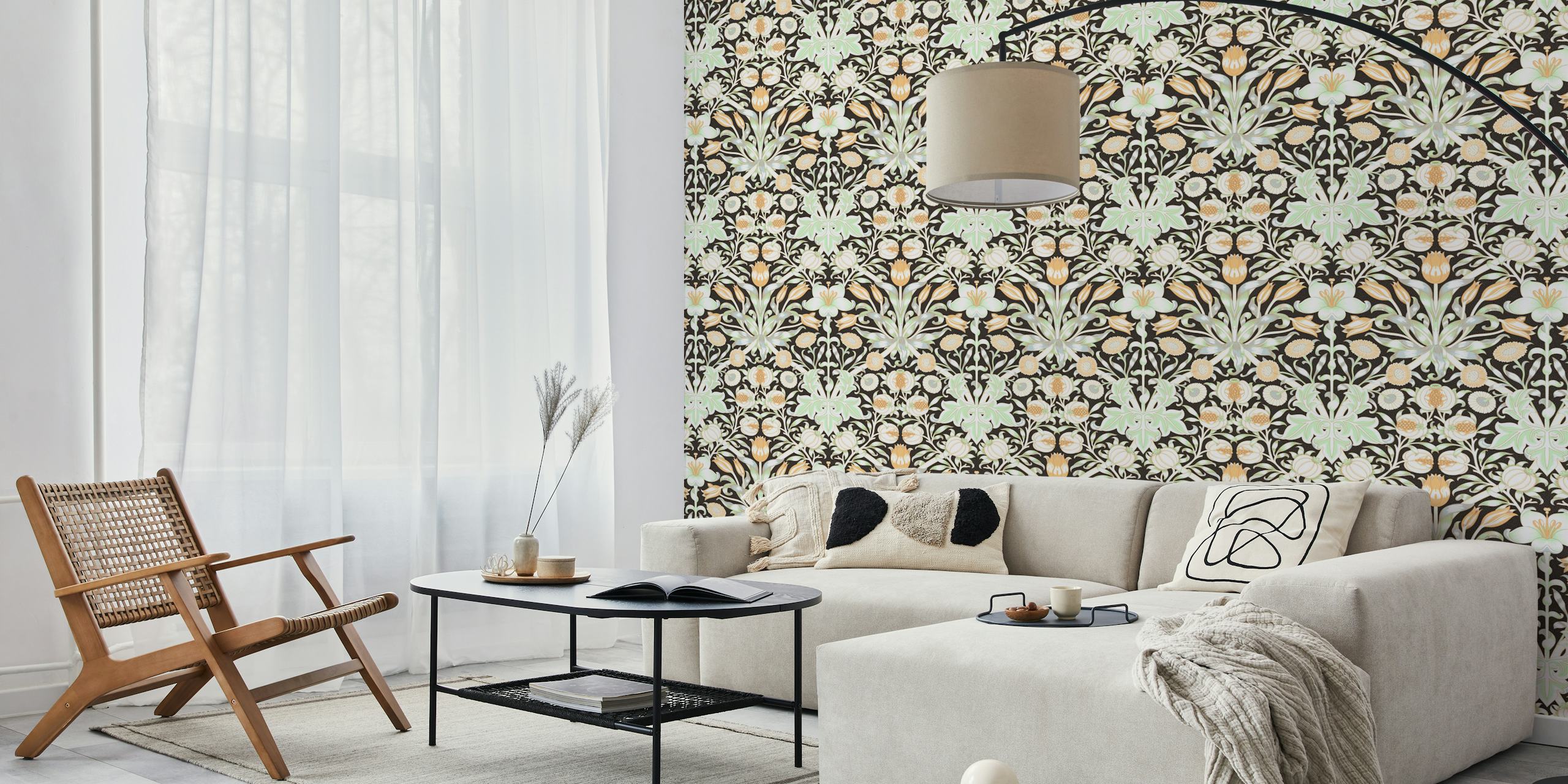Vintage Lily and Pomegranate black wallpaper design