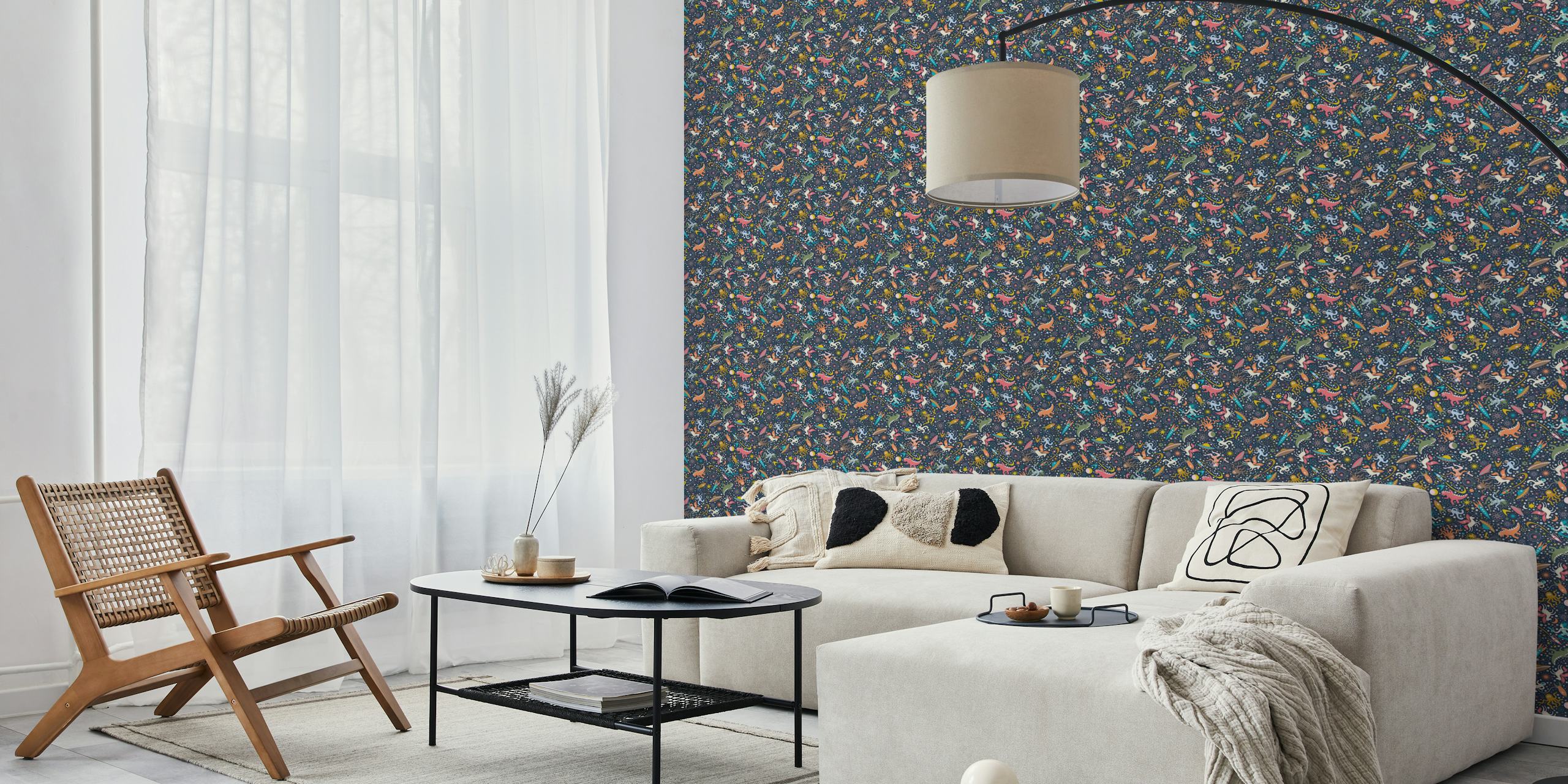 Design de papel de parede Midcentury Adventures em um quarto
