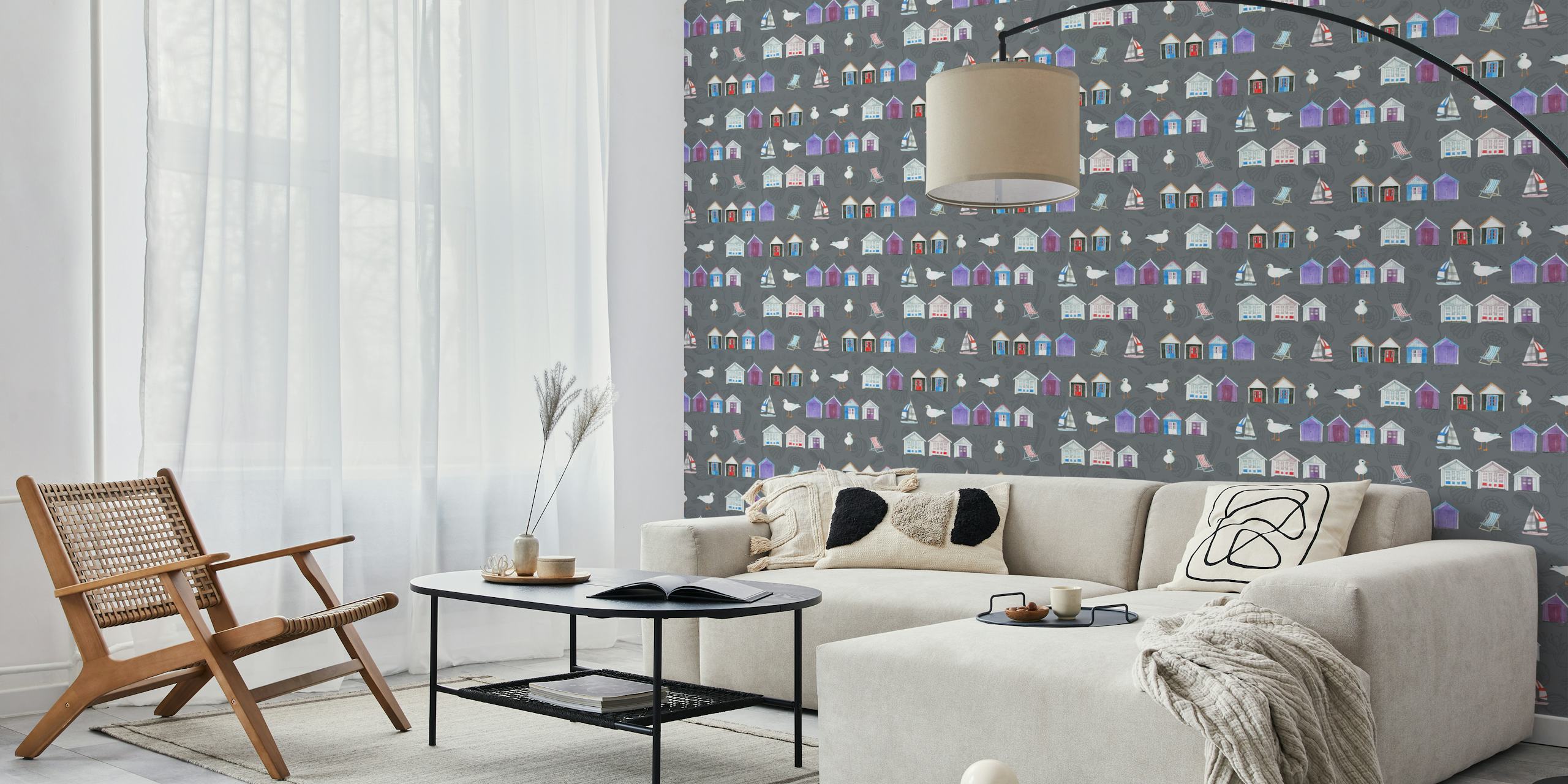 Colorful beach huts in grey wallpaper design