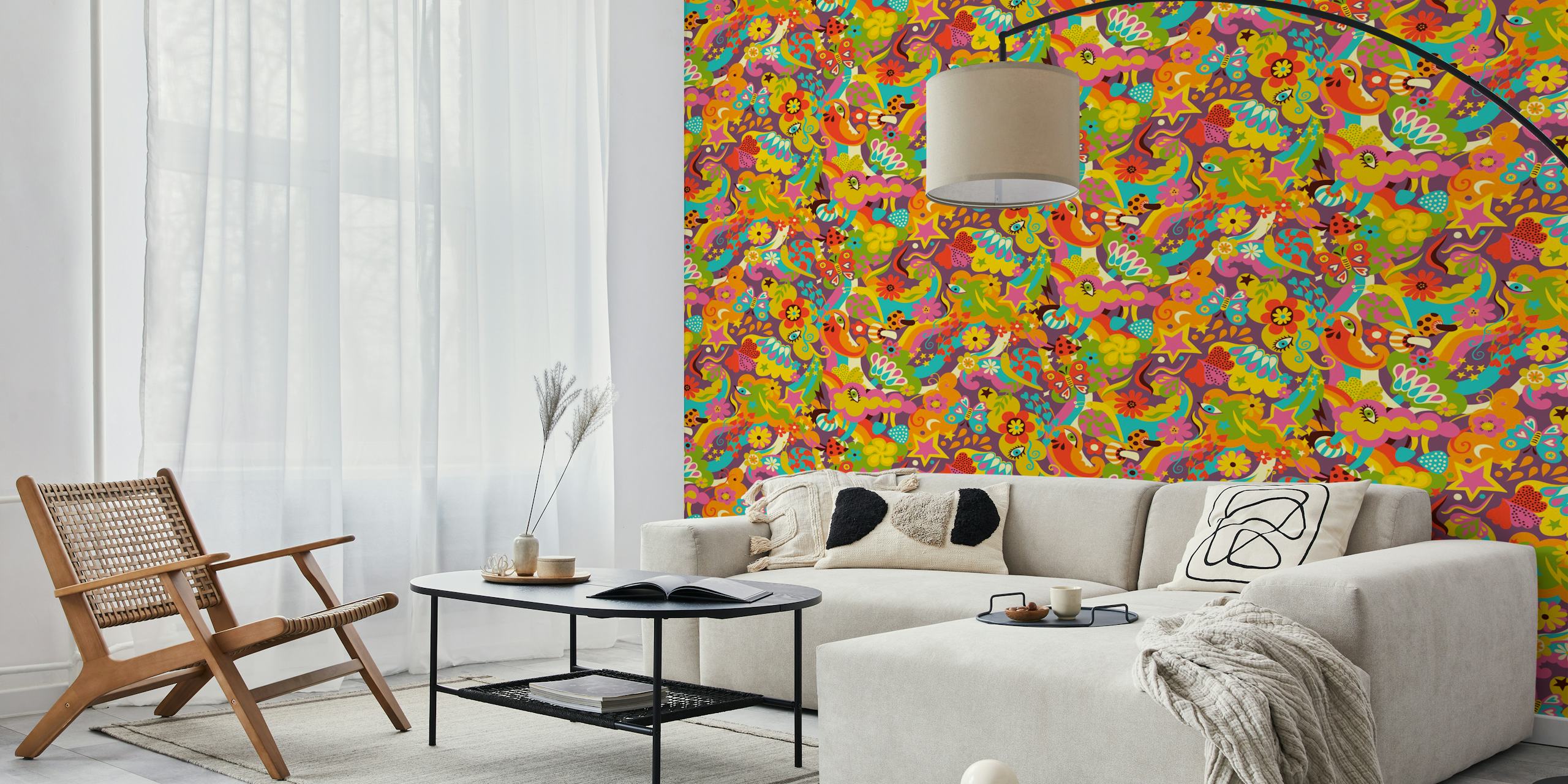 Colorful psychedelic patterns with flowers, butterflies, and abstract shapes wallpaper