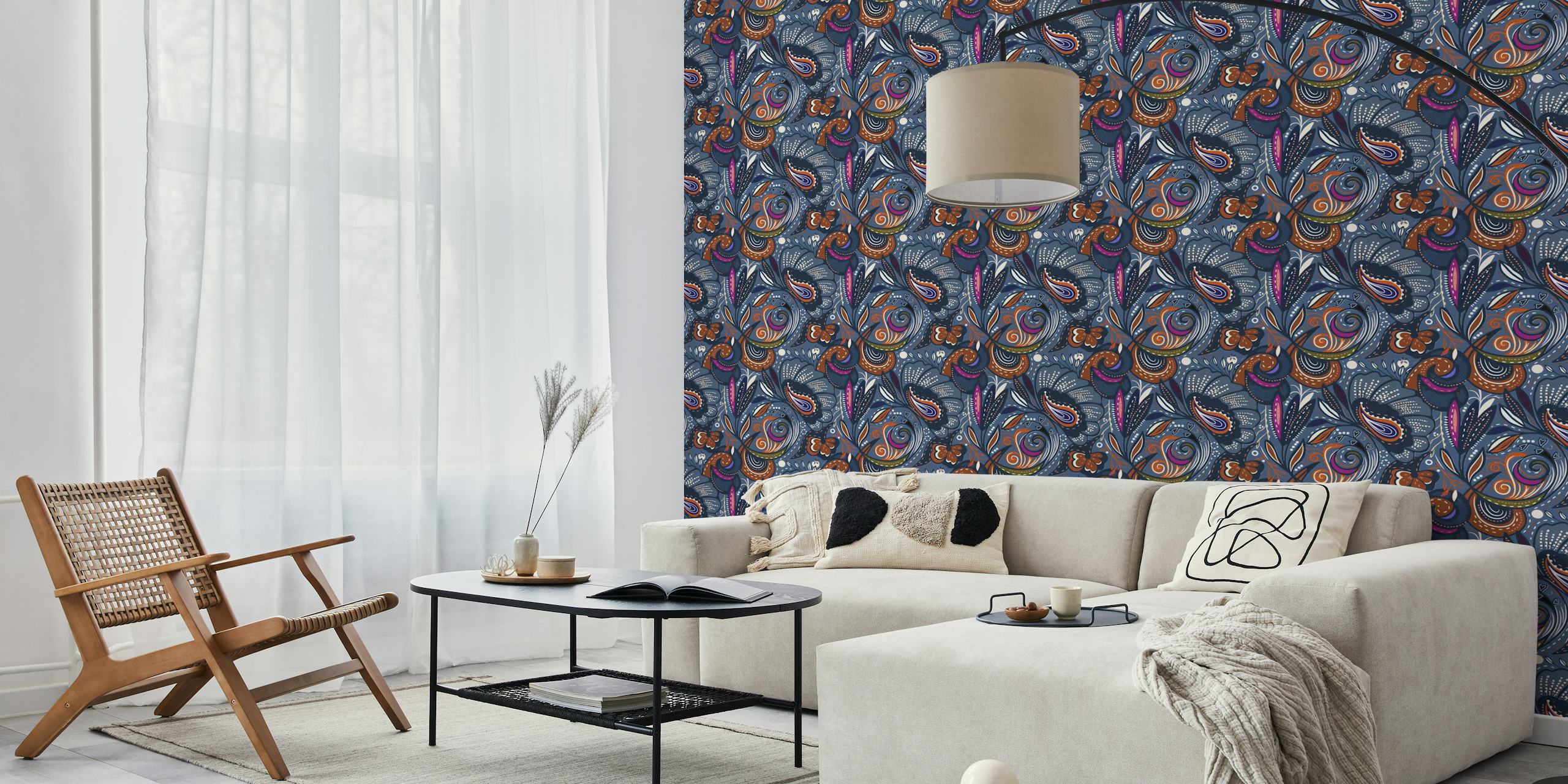 Bohemian floral pattern with navy, orange, and white elements wallpaper