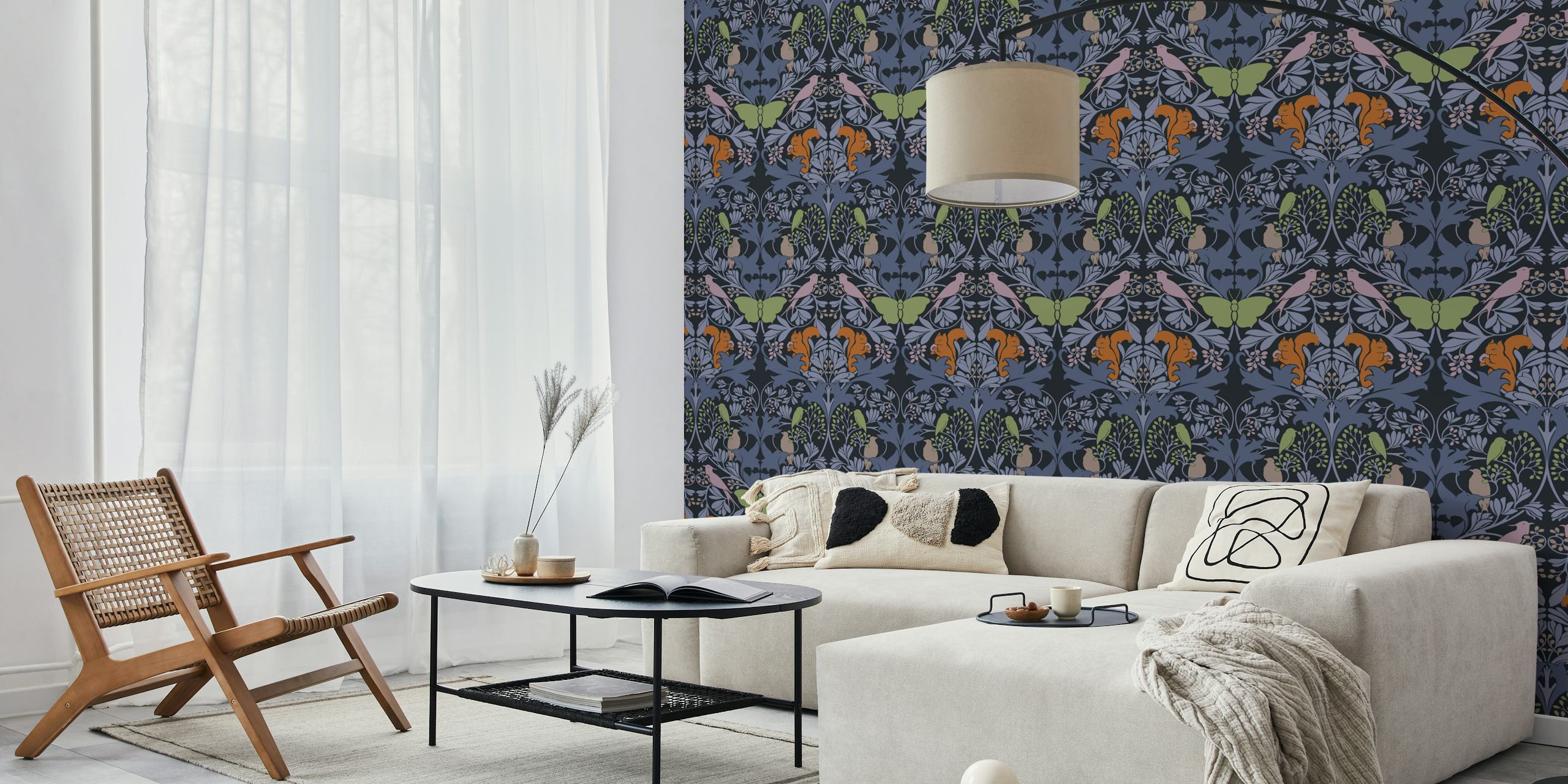 Birds, squirrels, and botanical leaves pattern wallpaper in muted colors