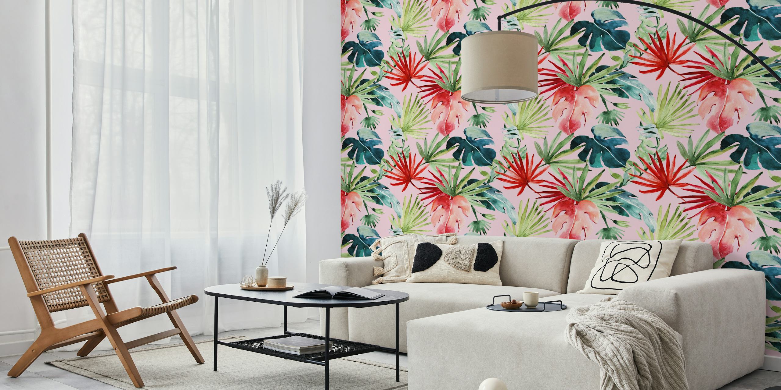 Tropical leaf wallpaper featuring pink background and green, red leaves