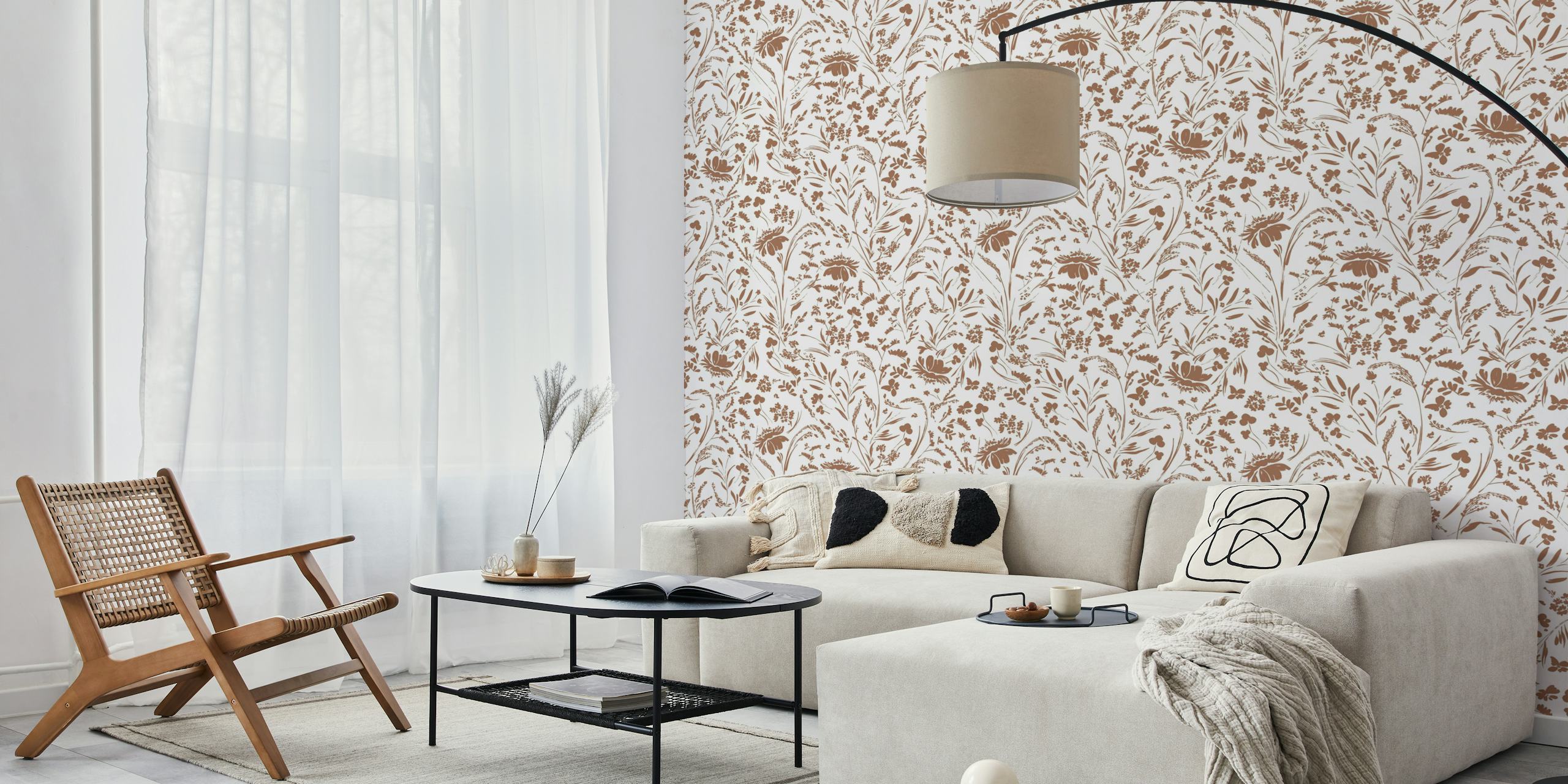 Brown floral pattern with various flowers and leaves wallpaper