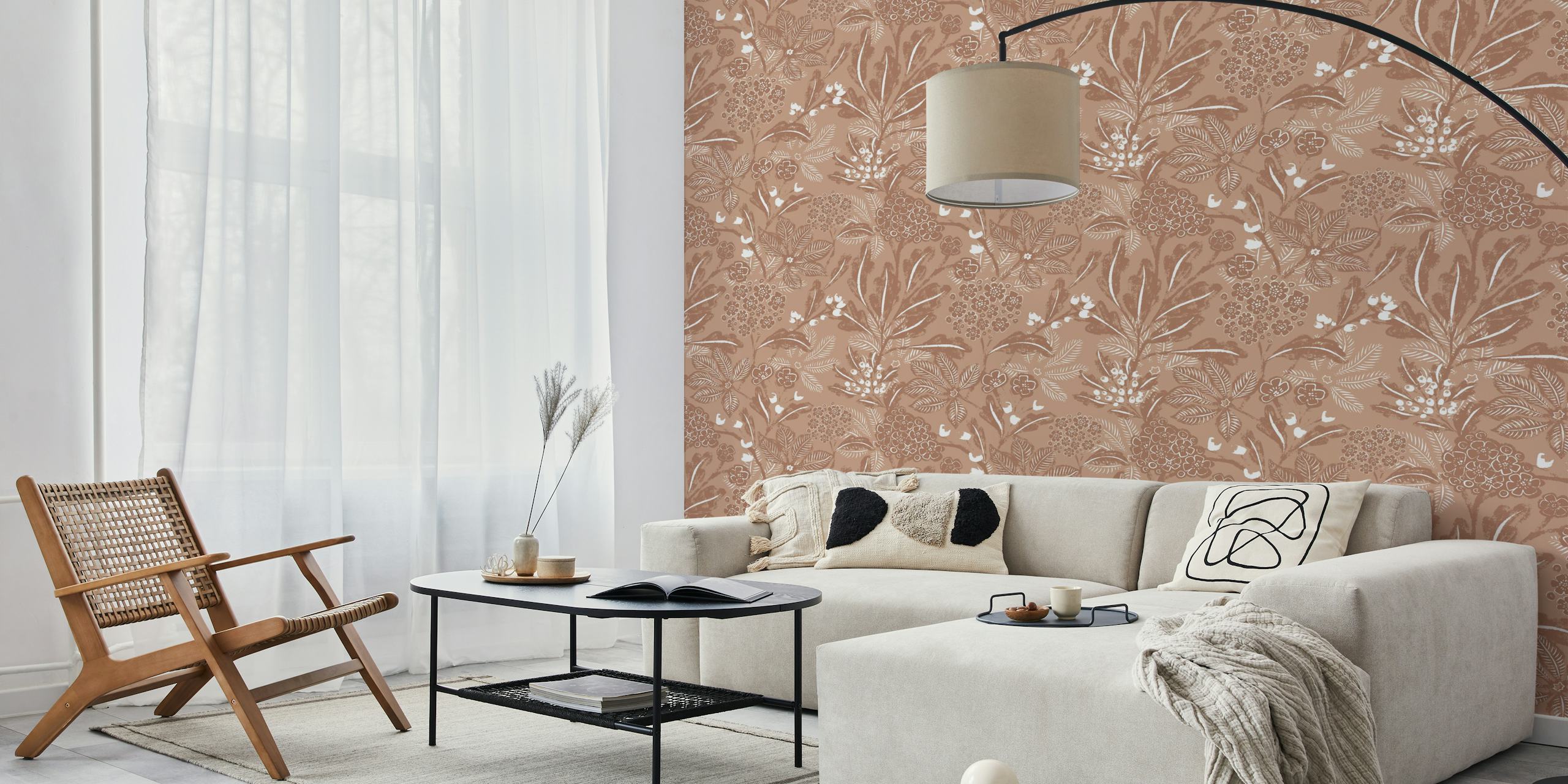 Floral sketches in mocha brown tones on cream wallpaper