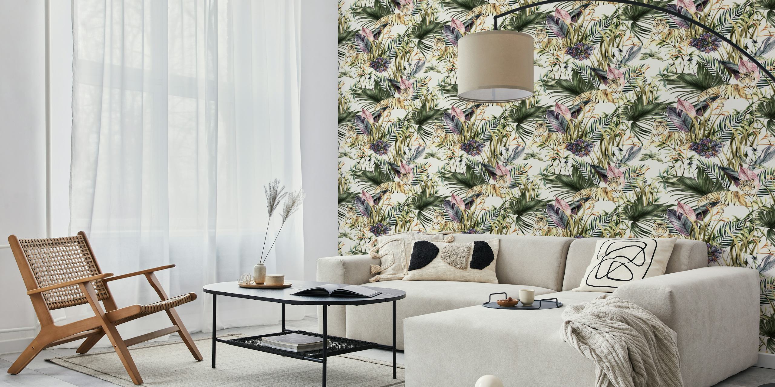 Tropical foliage and tiger pattern in green and pink wallpaper