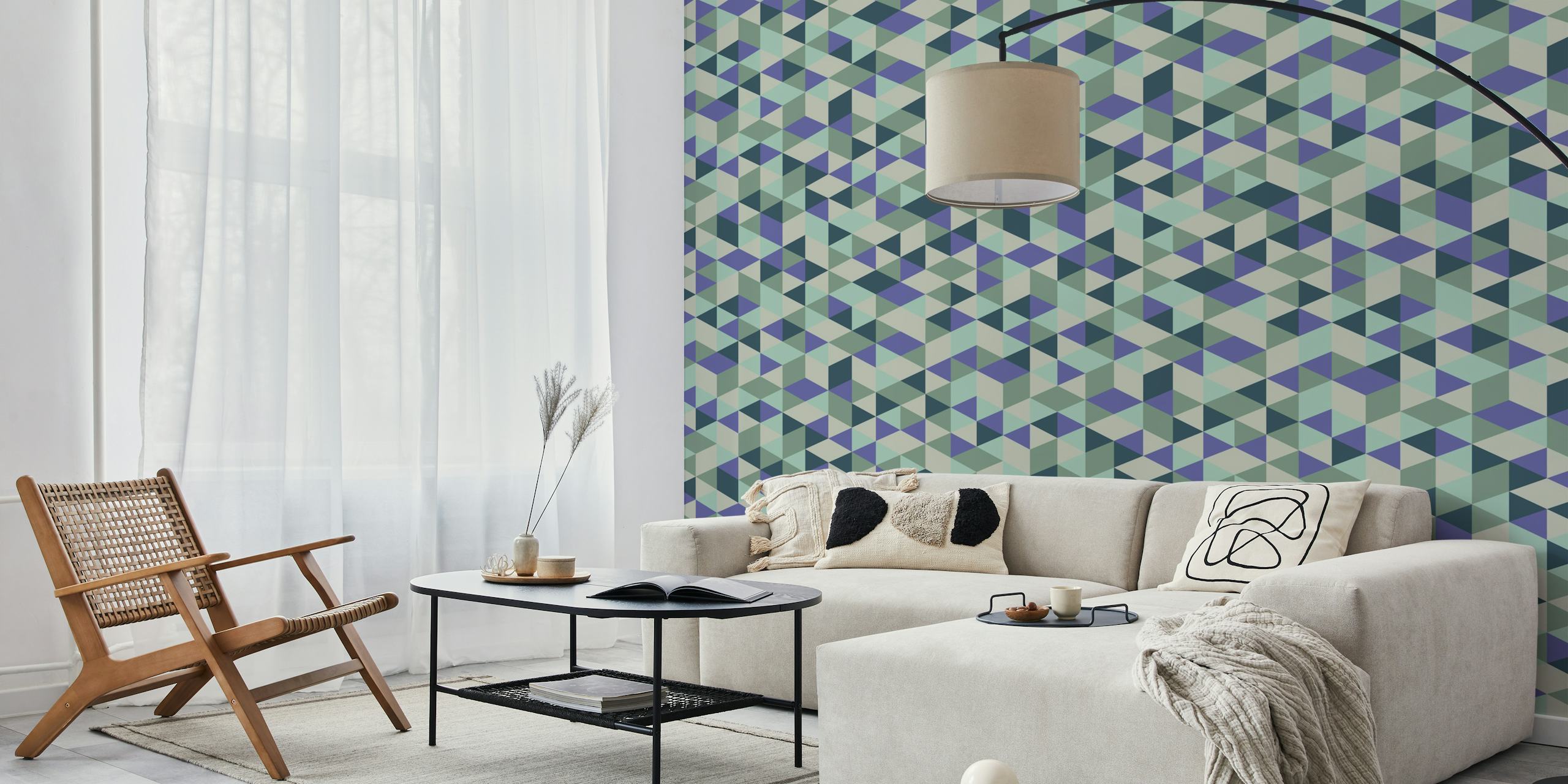 Cubist Aqua Mosaic wallpaper design in a room