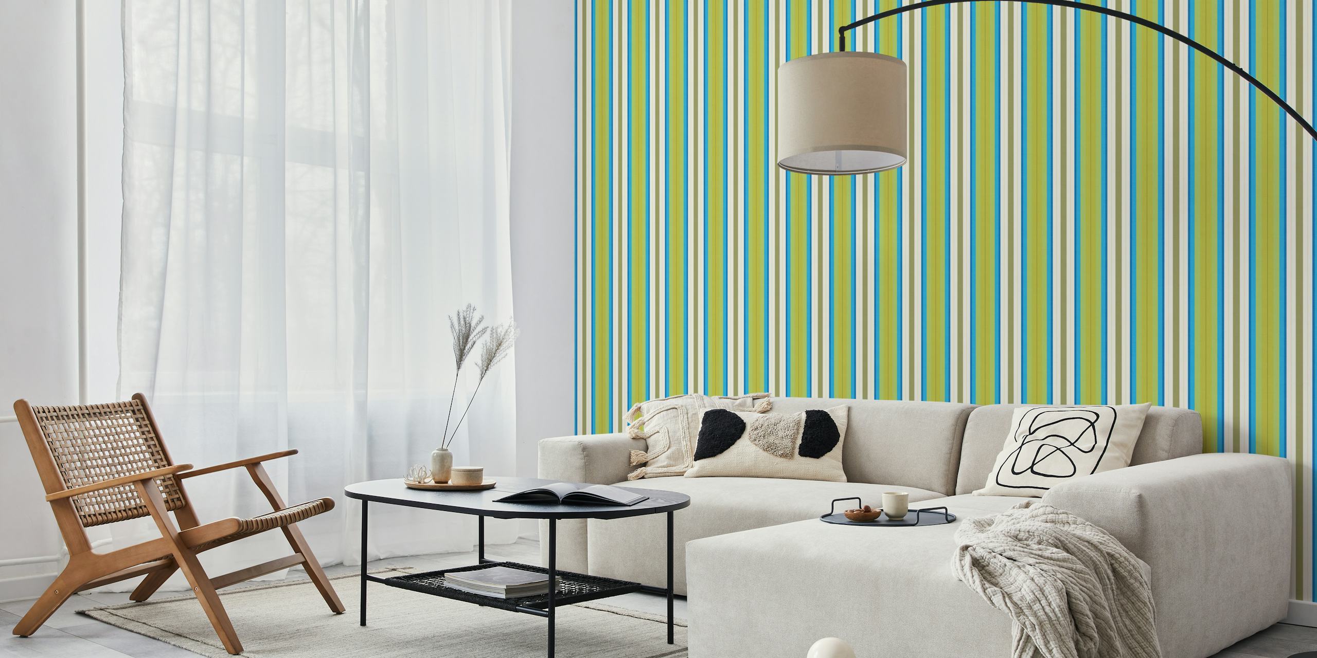 Colorful striped wallpaper in green, blue, and white