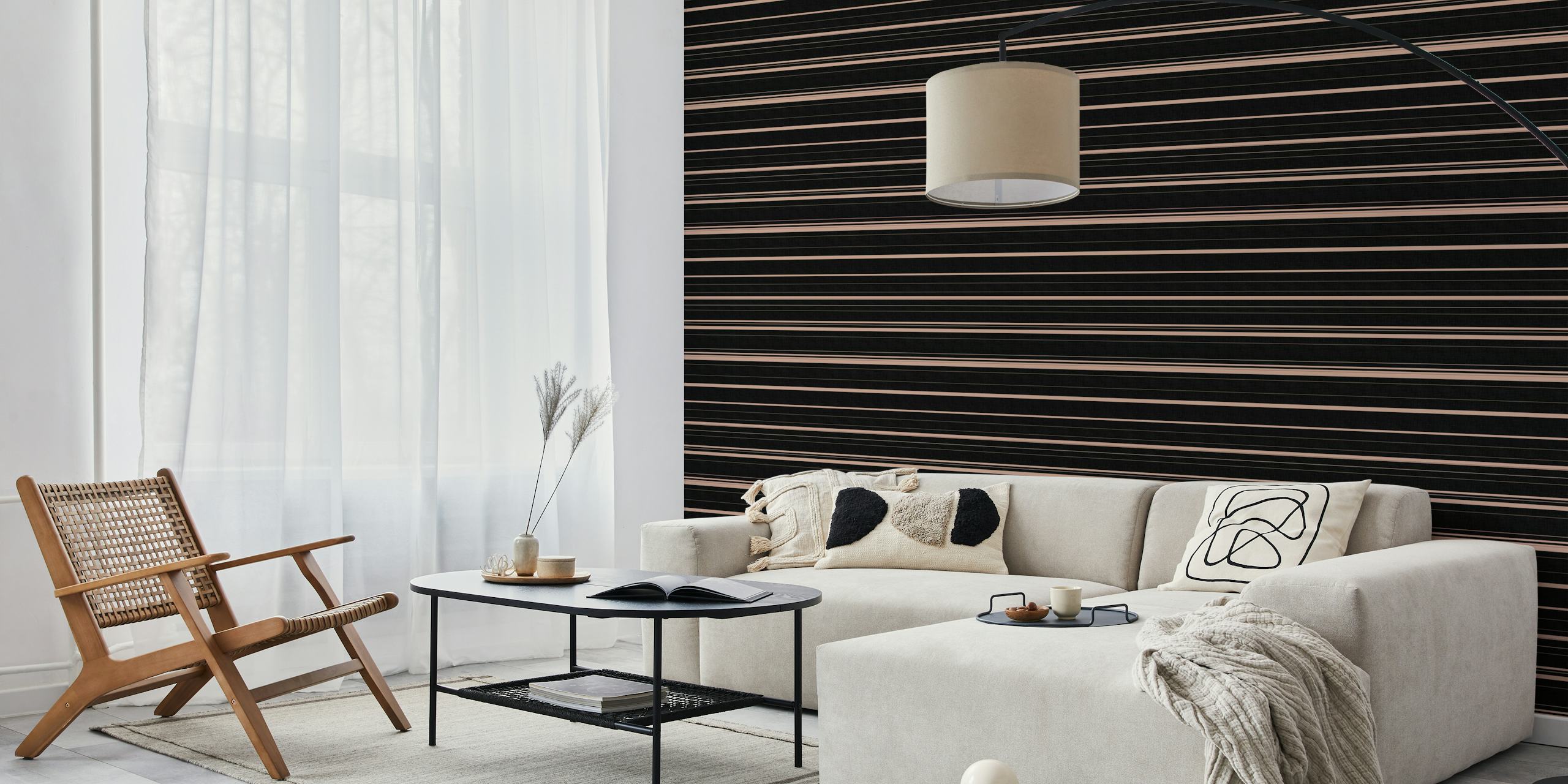 Horizontal stripes in black and blush color wallpaper