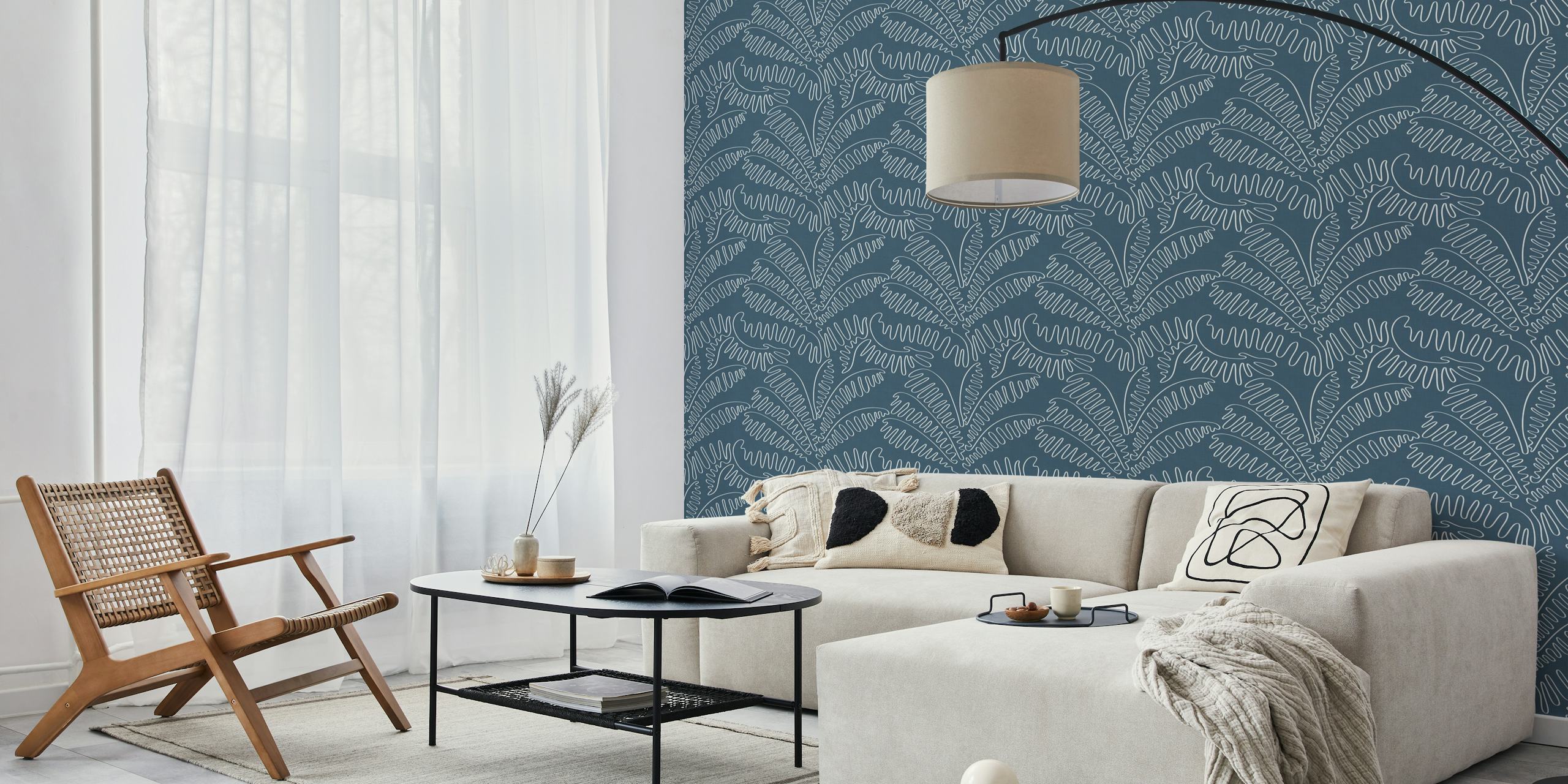 Prigušeni plavi listovi palmi Line Art wallpaper