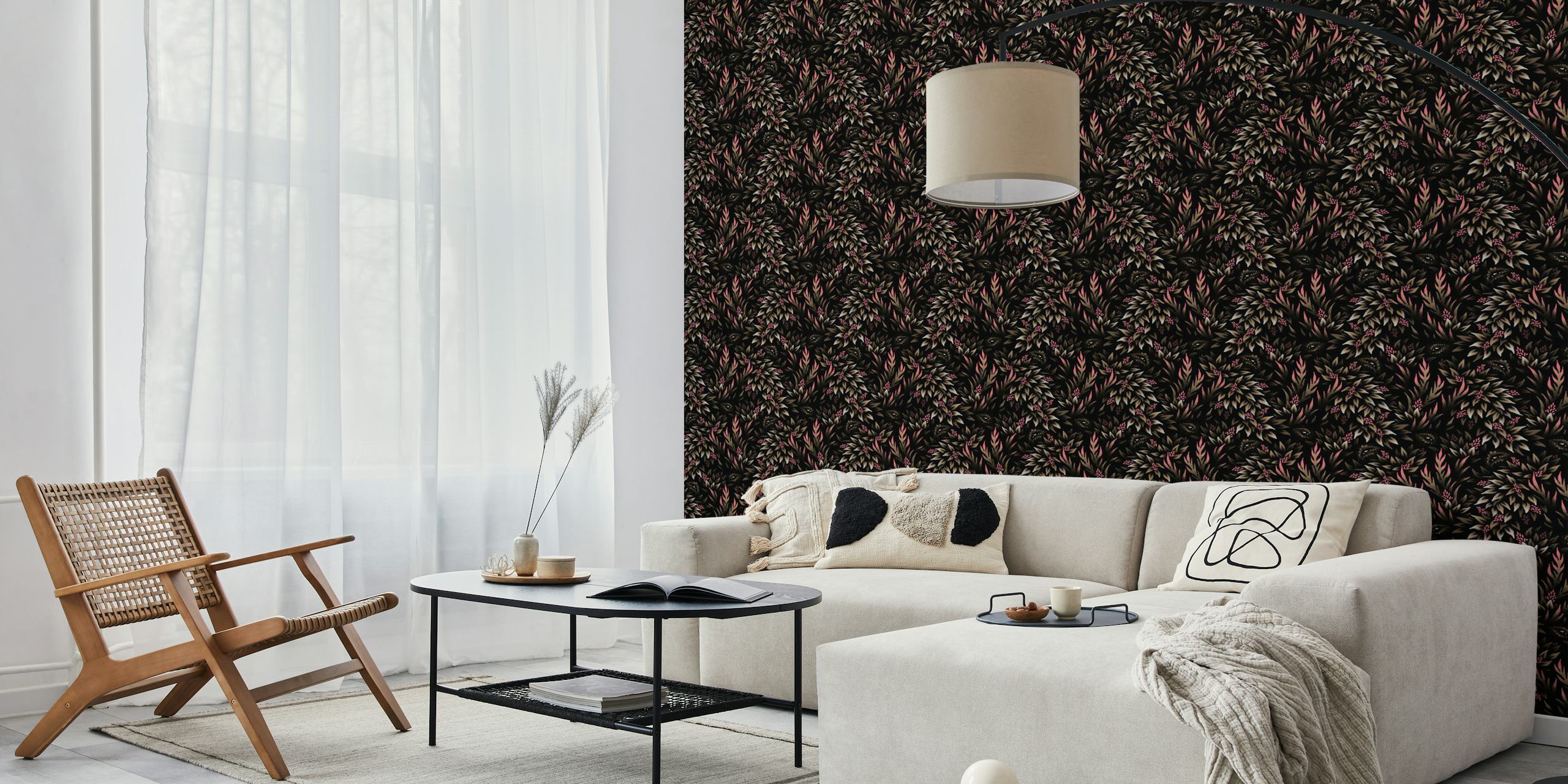 Floral pattern with pink and khaki leaves on black wallpaper
