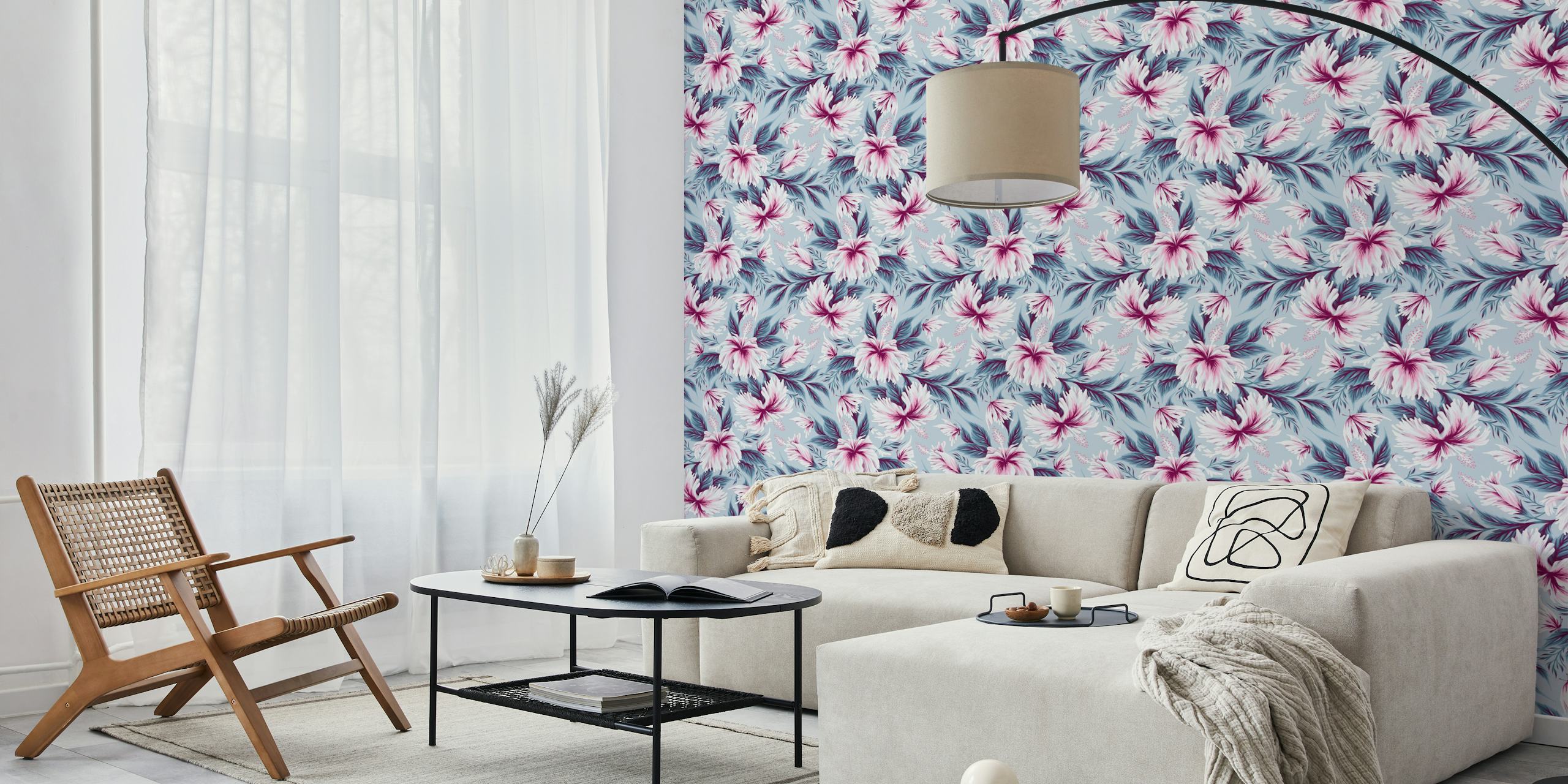 Hibiscus and butterflies wallpaper in a room