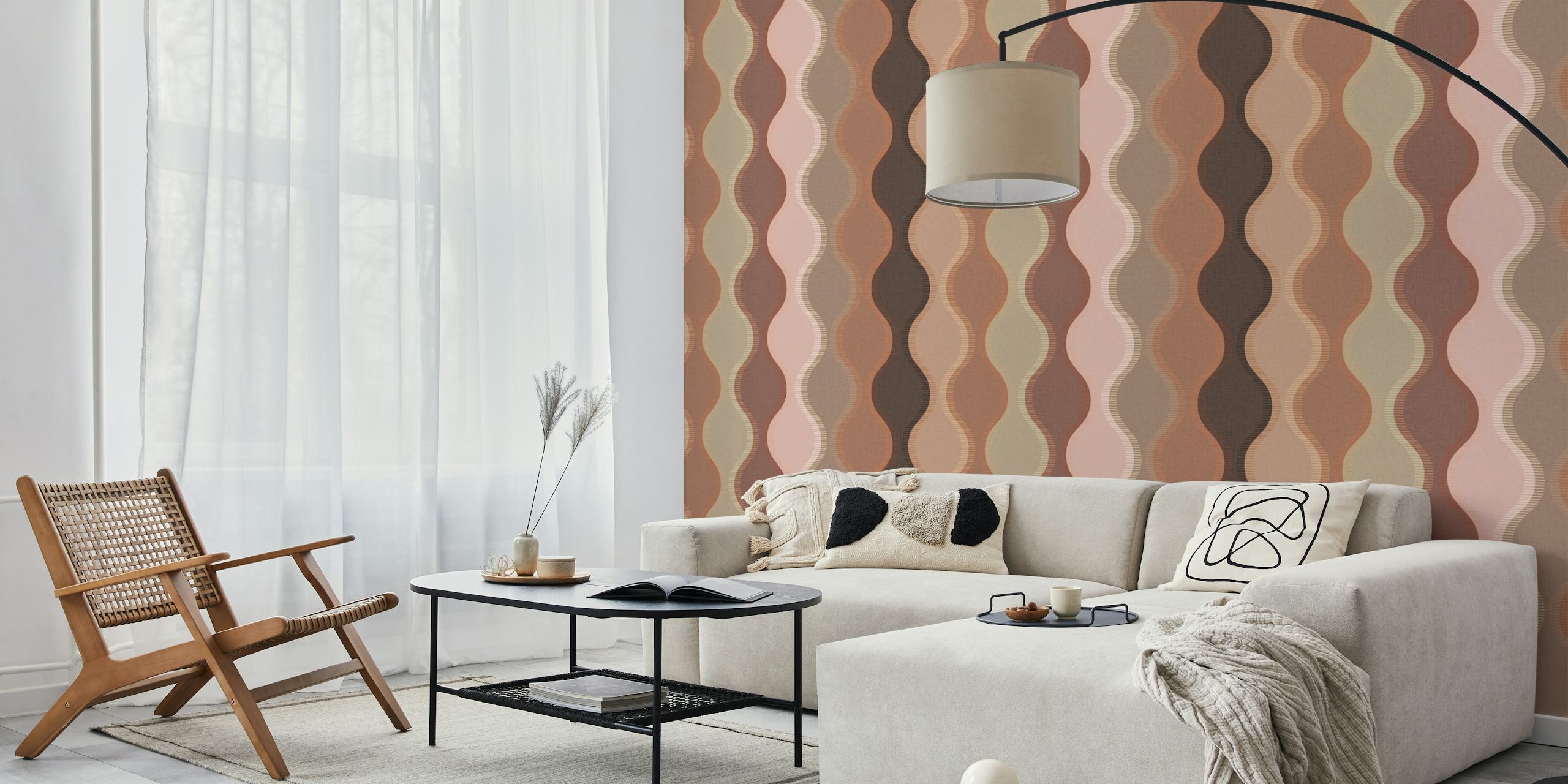 Curvilinear striped patterns in mocha, pink and beige tones wallpaper