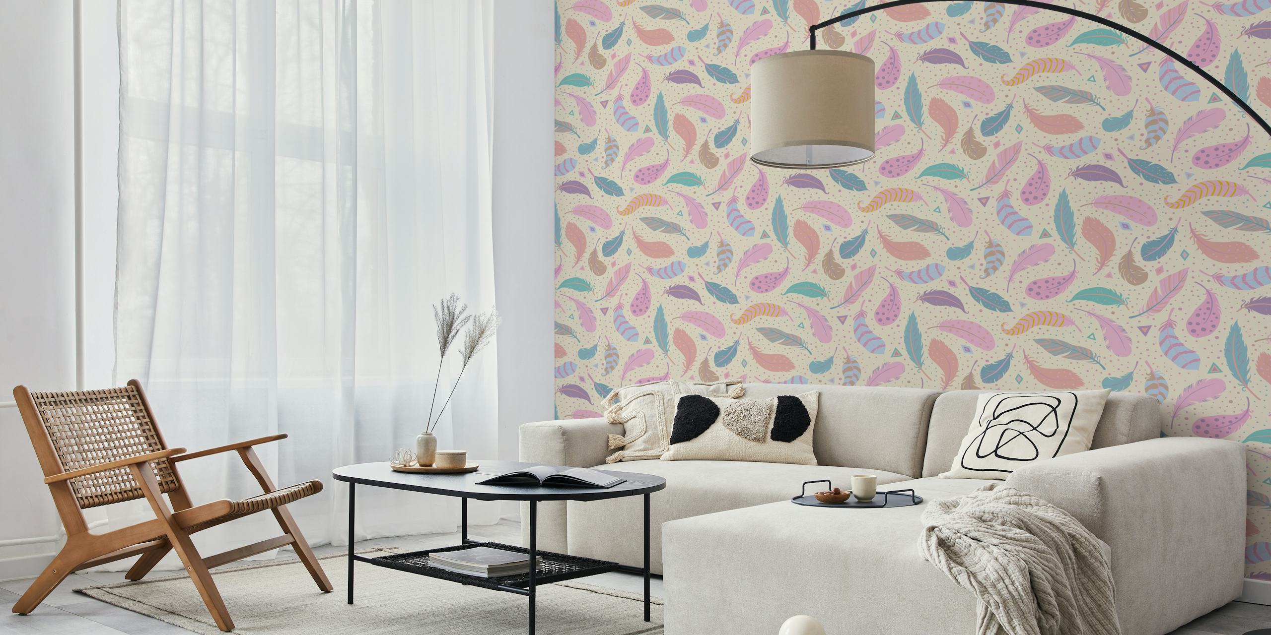 Colorful feather pattern in pink and blue on cream wallpaper