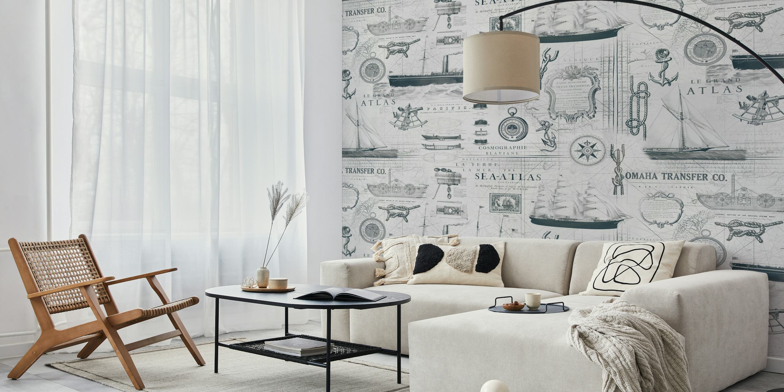 Vintage nautical wallpaper in a stylish room