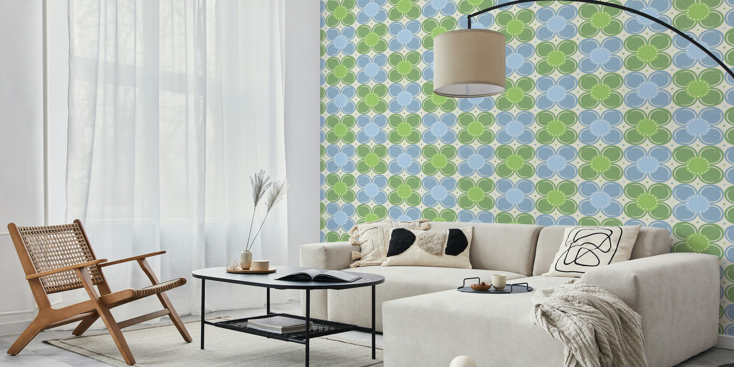 Blue and green retro flowers wallpaper σε ένα δωμάτιο