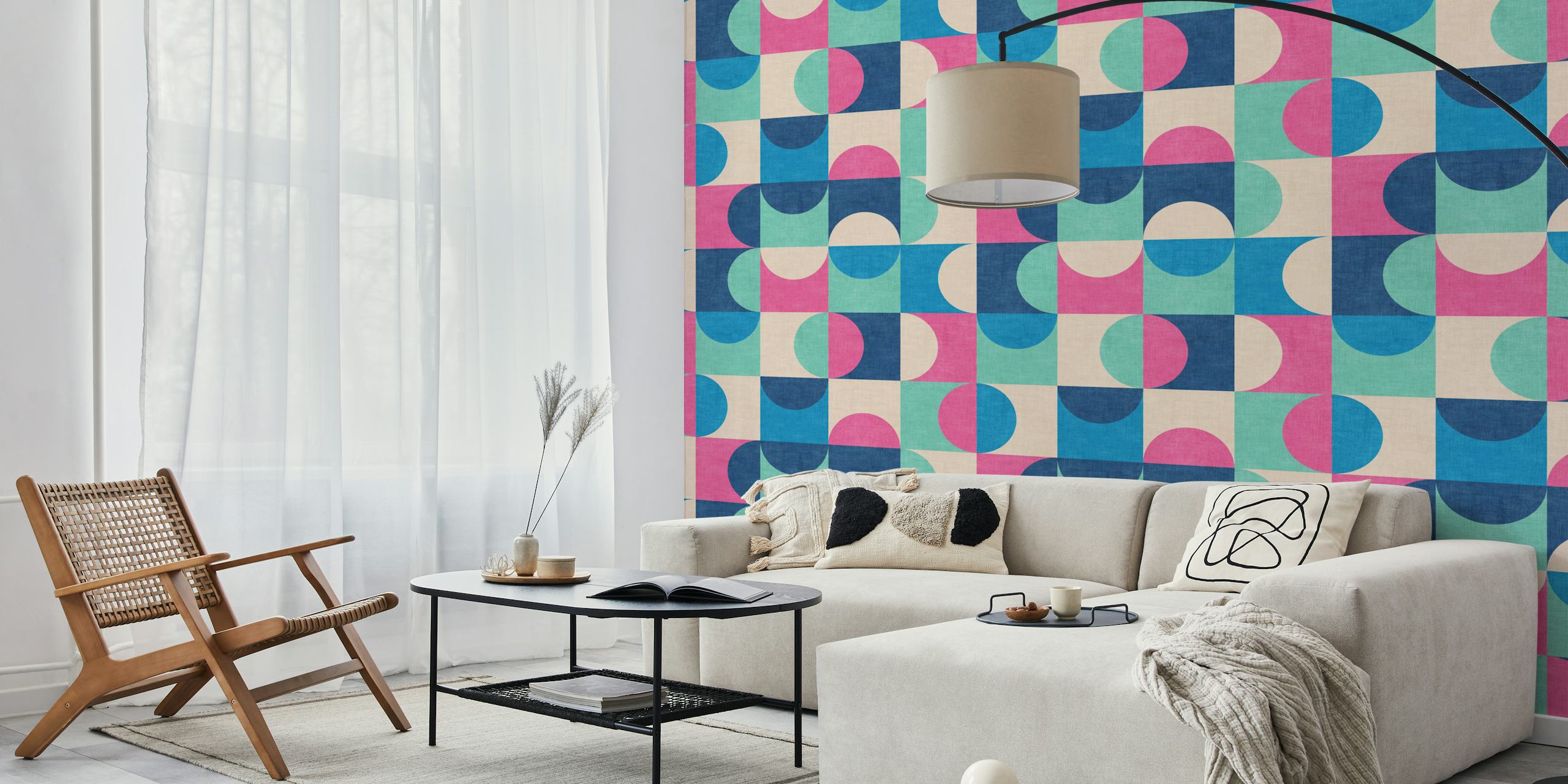 Geometric pattern with circles and squares in pink, blue, and green wallpaper