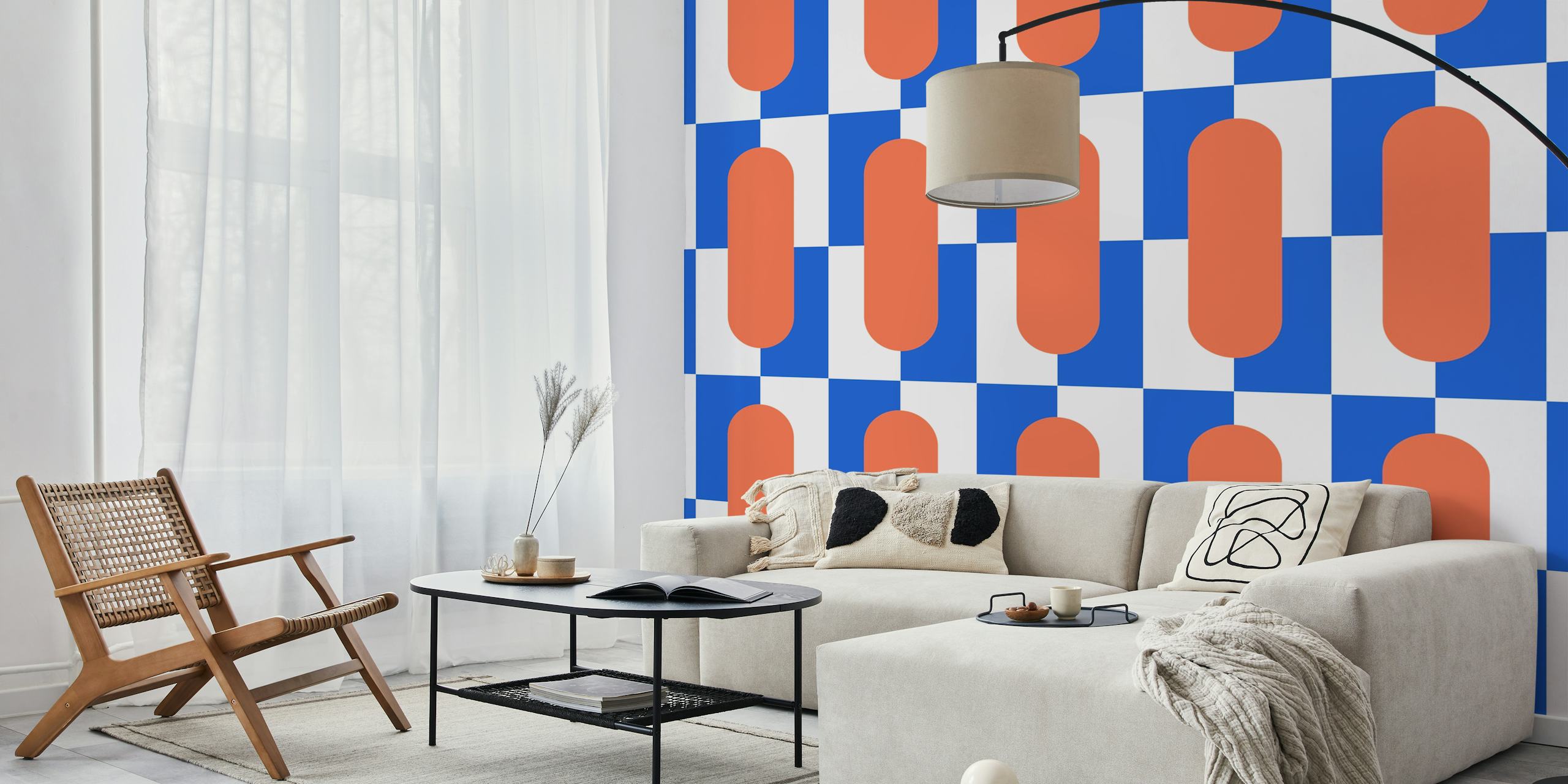 Geometrische Tapete in Blau und Orange mit geschwungenen Mustern