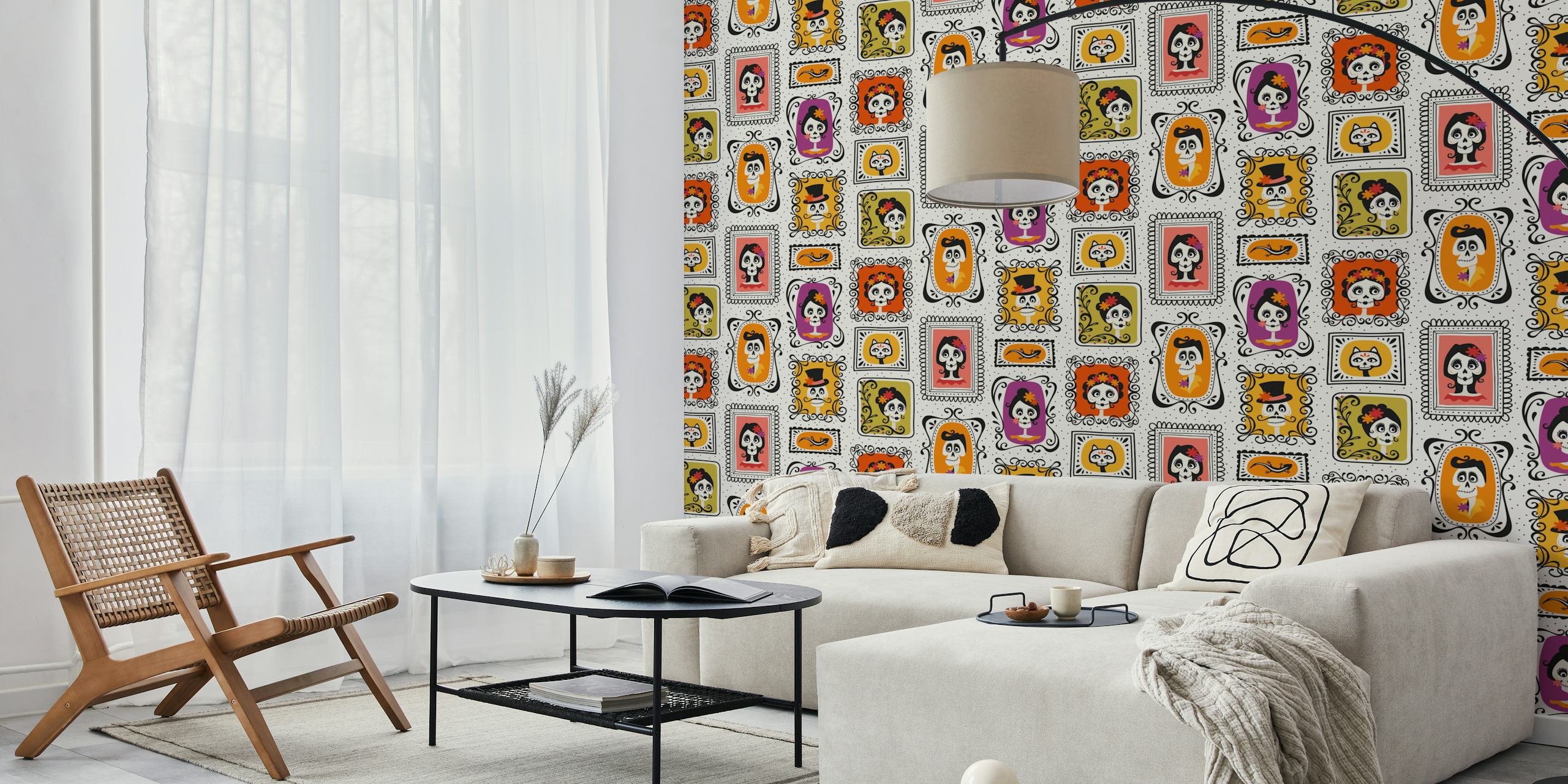 Dia de Muertos wallpaper with colorful skulls