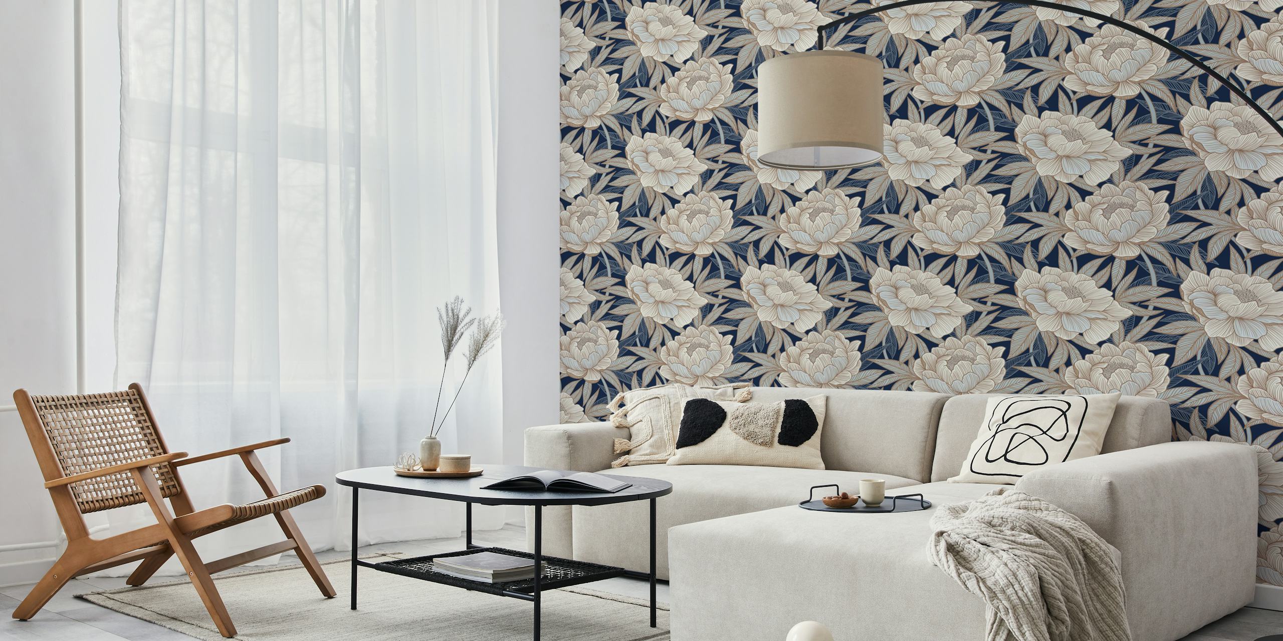 Navy blue floral wallpaper with cream peonies and leaves