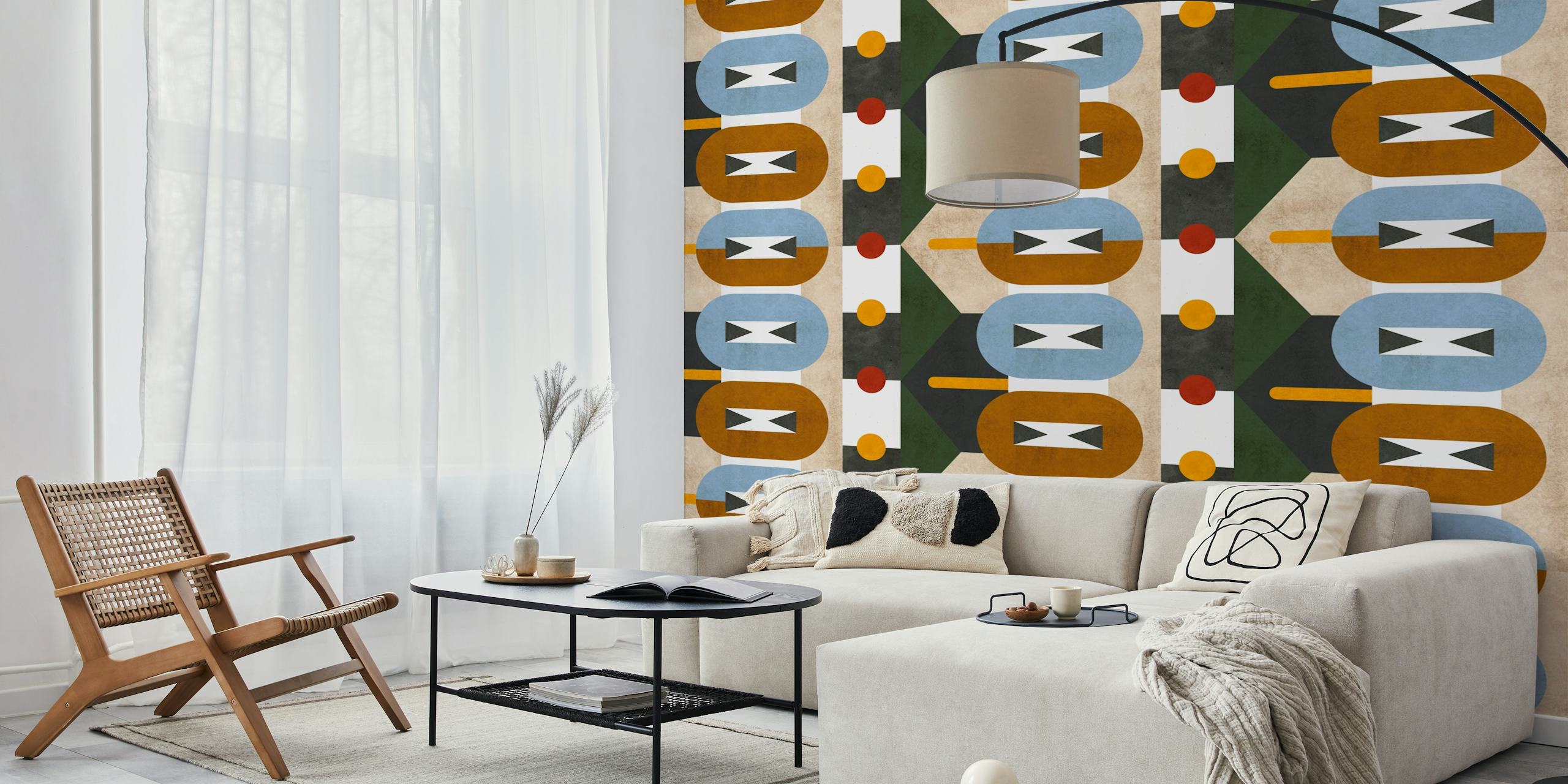 Geometric shapes in brown, blue, red, and orange wallpaper