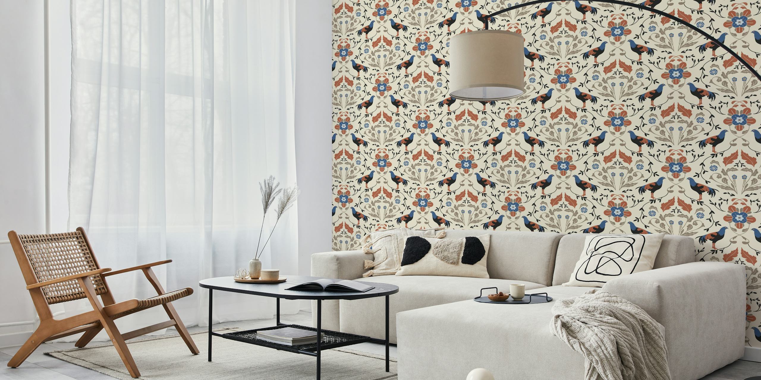 Victorian floral wallpaper with roosters in blue, orange, and cream colors