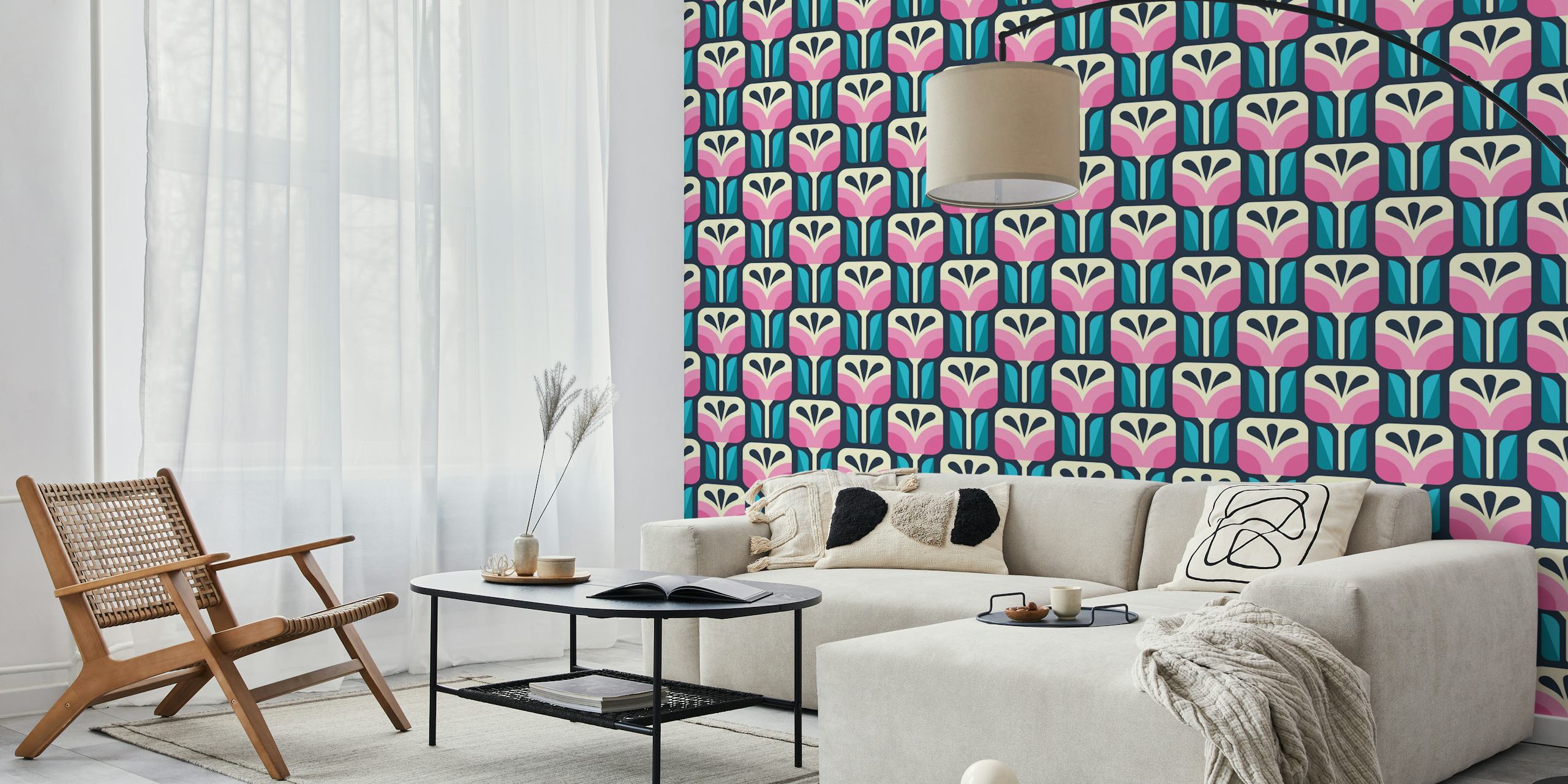 Retro Floral Blooms Blue Pink wallpaper in a room
