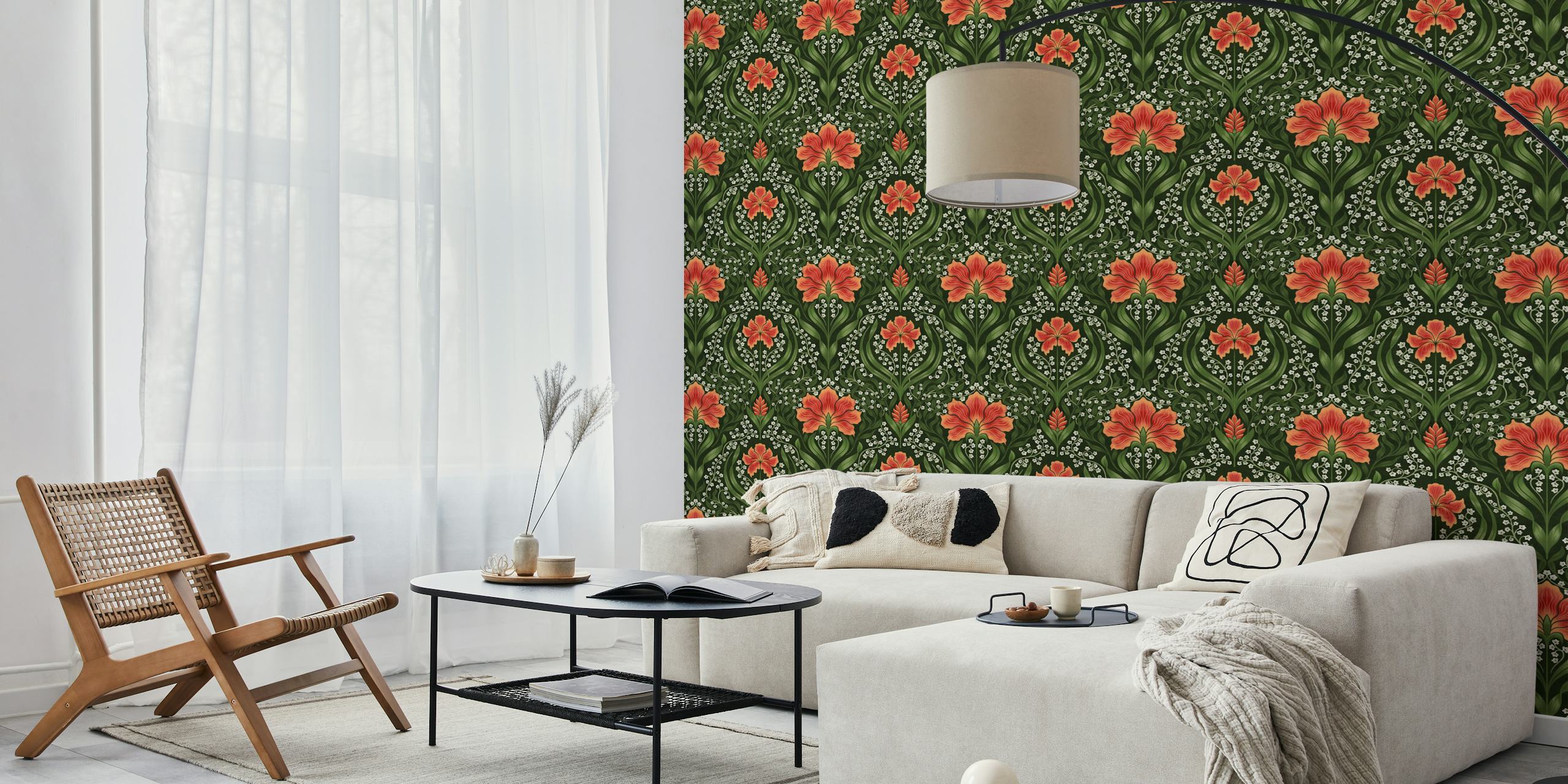 Intricate floral damask wallpaper in red
